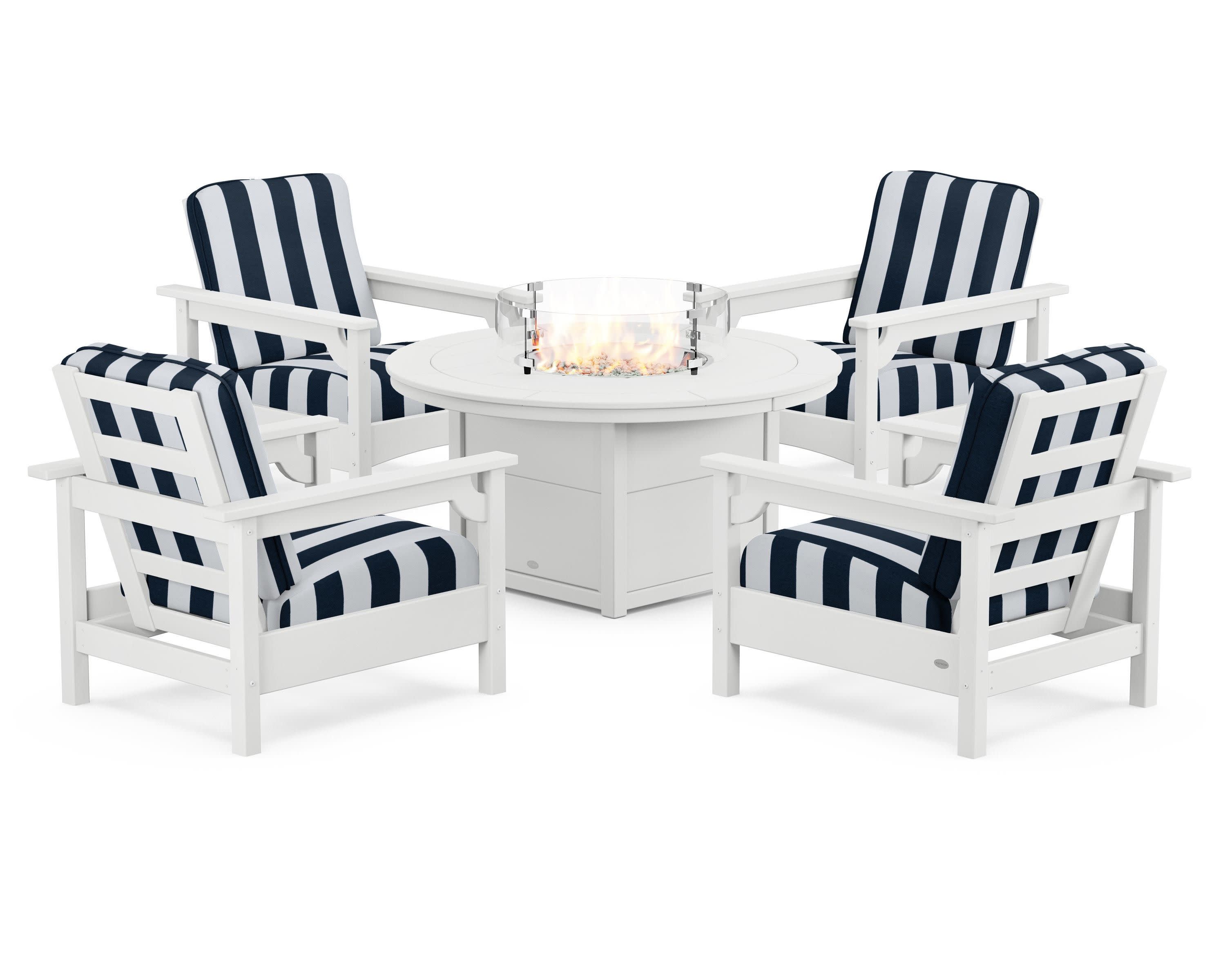 Club 5-Piece Conversation Set with Fire Pit Table in White / Cabana Stripe Marine Indigo