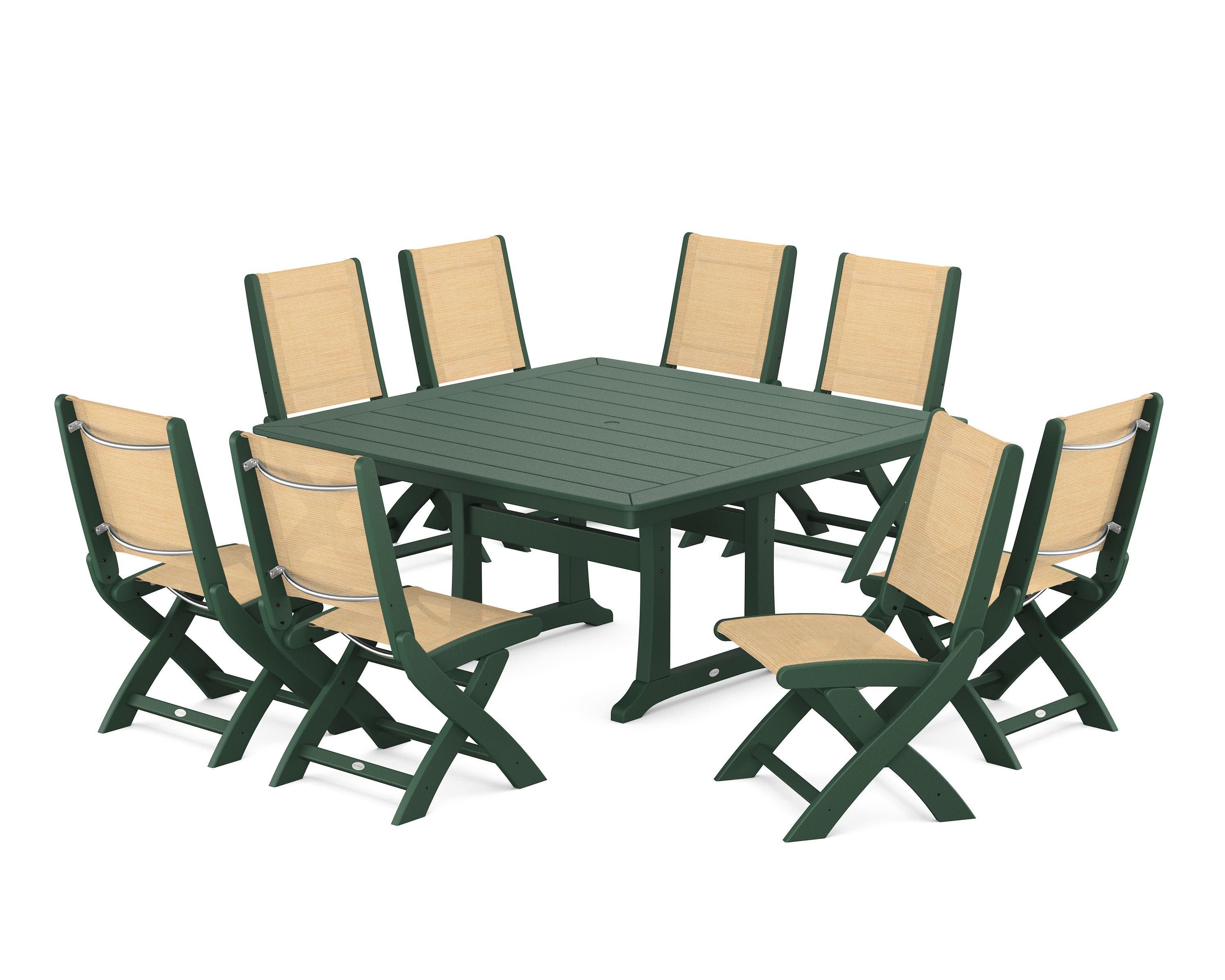 Coastal Folding Side Chair 9-Piece Dining Set with Trestle Legs in Green / Dupioni Apricot Sling