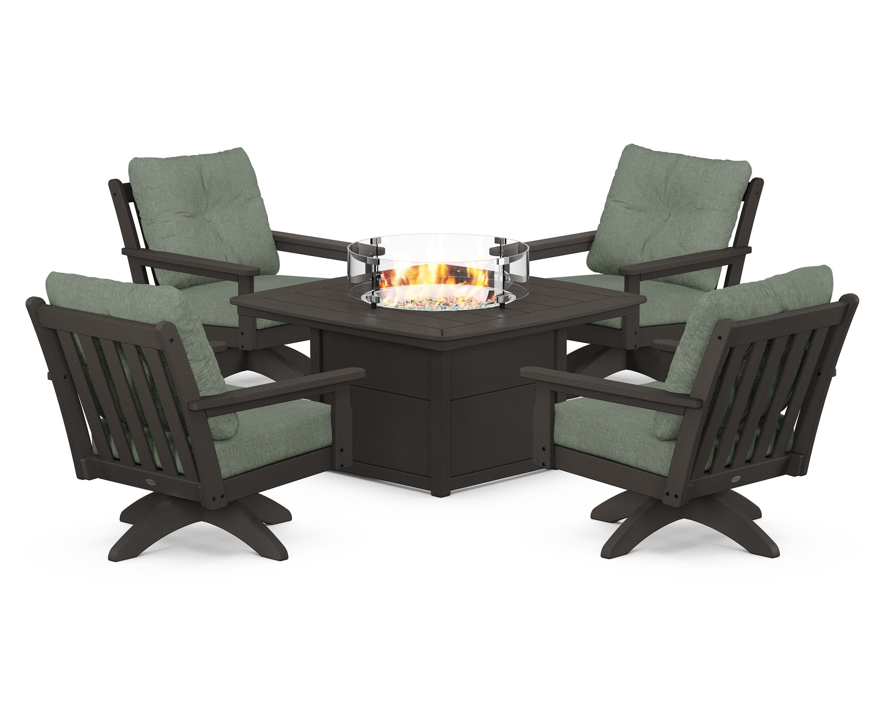 Vineyard 5-Piece Deep Seating Swivel Conversation Set with Fire Pit Table in Vintage Coffee / Cast Sage