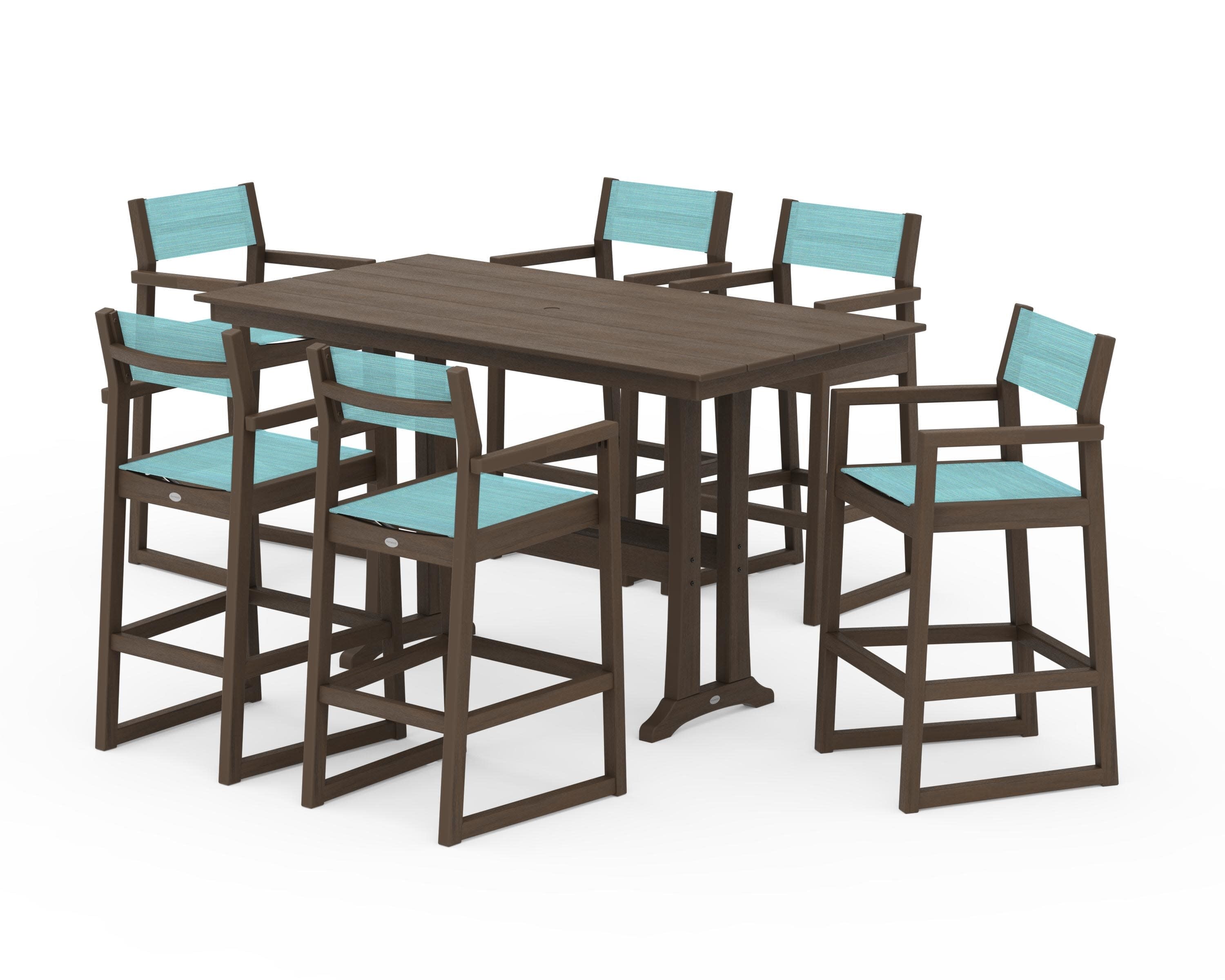EDGE Sling Arm Chair 7-Piece Farmhouse Bar Set with Trestle Legs in Kona / Dupioni Aquamarine Sling