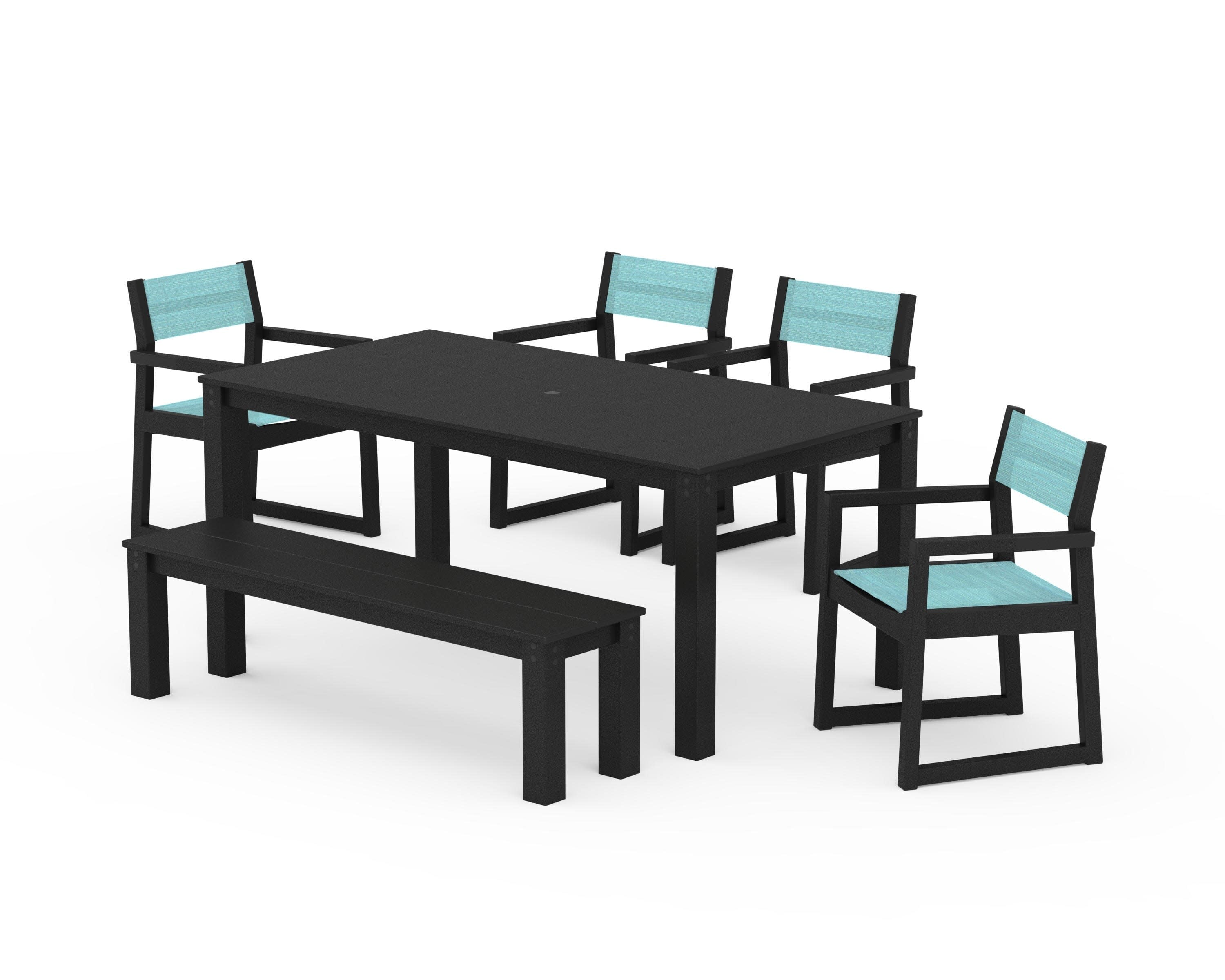 EDGE Sling Arm Chair 6-Piece Parsons Dining Set with Bench in Black / Dupioni Aquamarine Sling