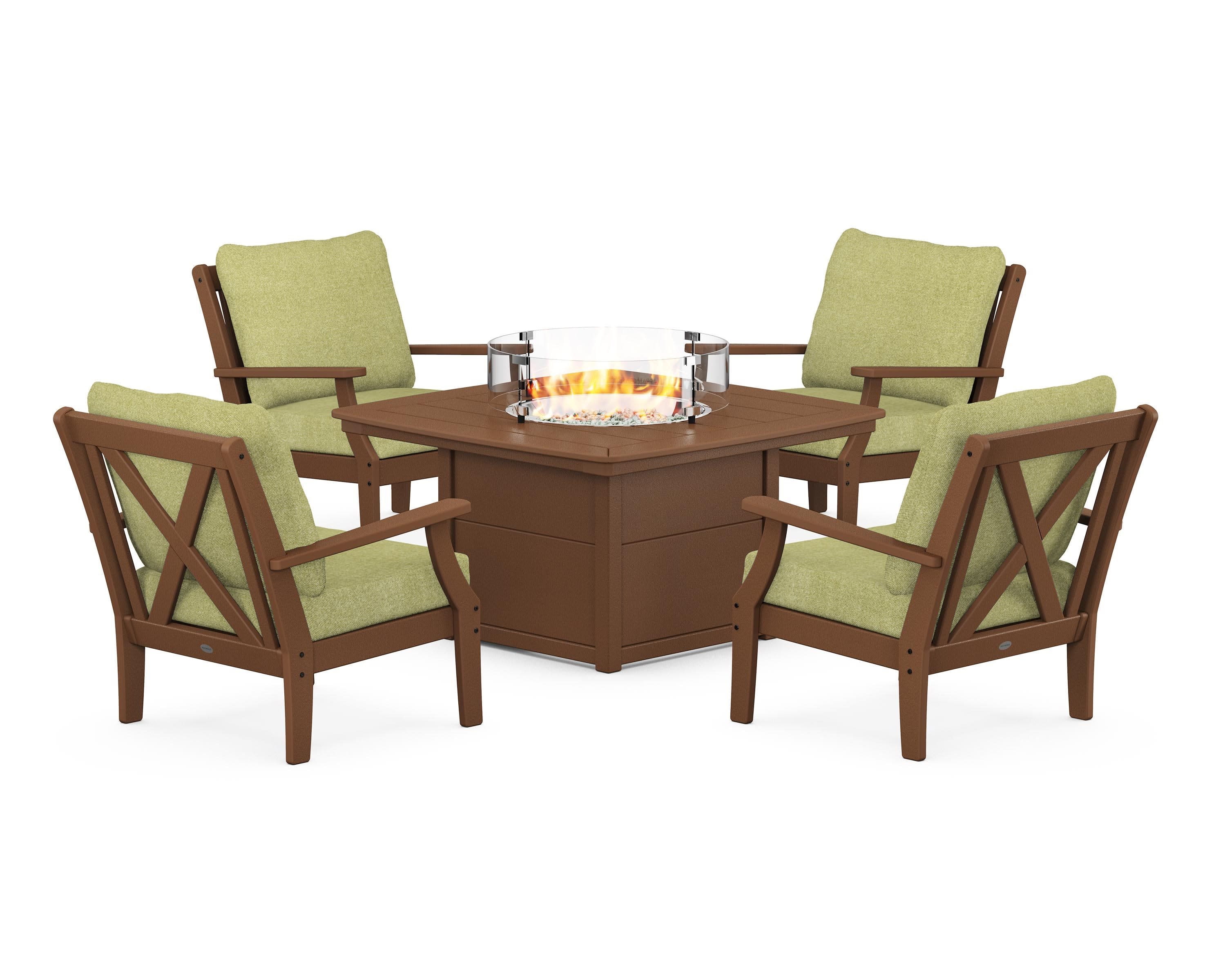 Braxton 5-Piece Deep Seating Conversation Set with Fire Pit Table in Teak / Chartreuse Boucle