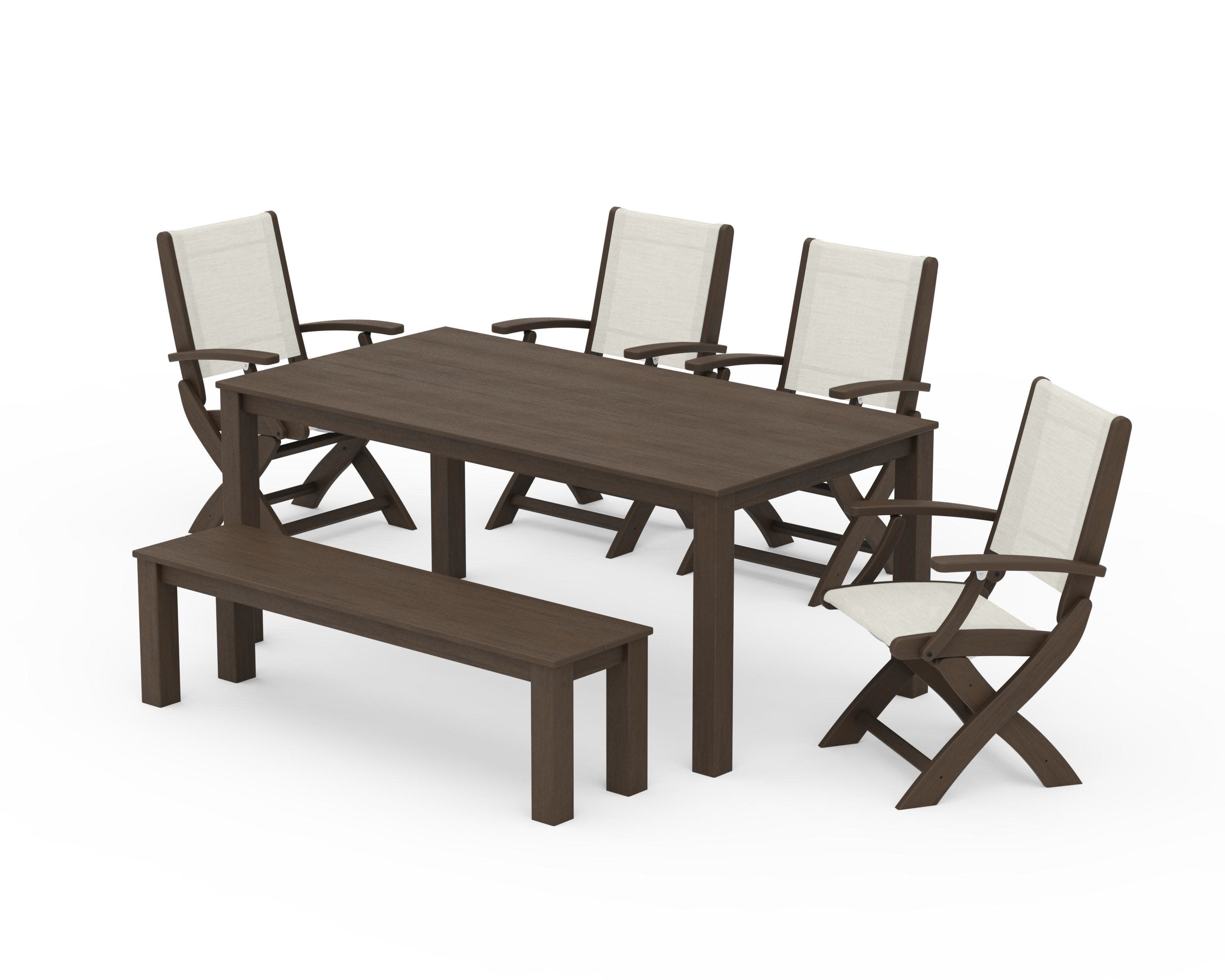 Coastal Folding Chair 6-Piece Parsons Dining Set with Bench in Kona / Parchment Sling