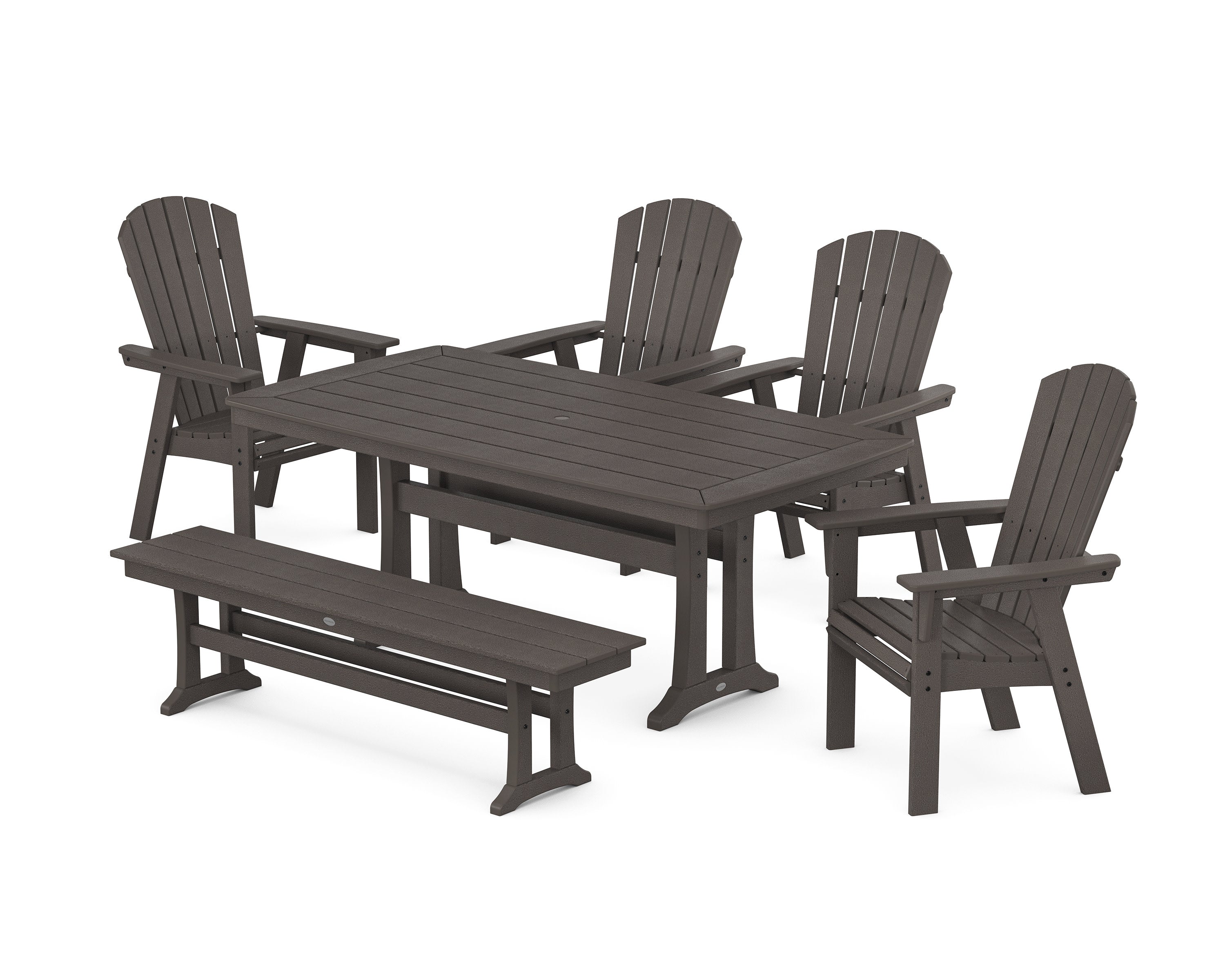 Nautical Curveback Adirondack 6-Piece Dining Set with Trestle Legs and Bench in Vintage Coffee