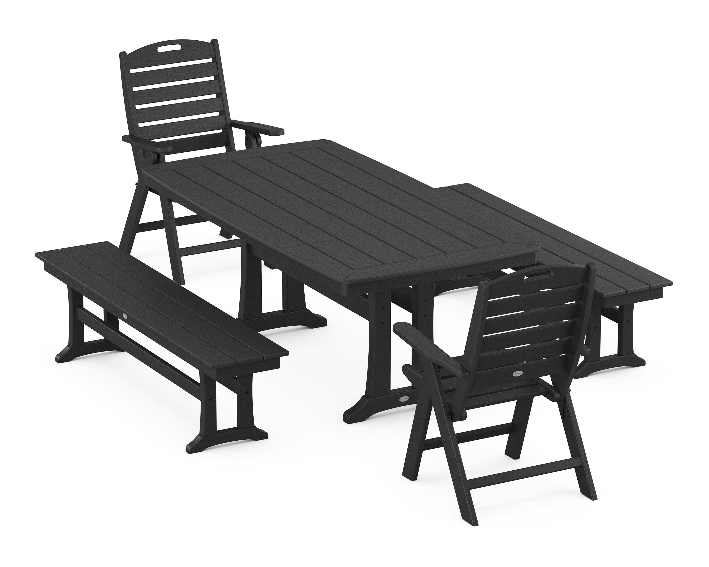 Nautical Folding Highback Chair 5-Piece Dining Set with Trestle Legs and Benches in Black