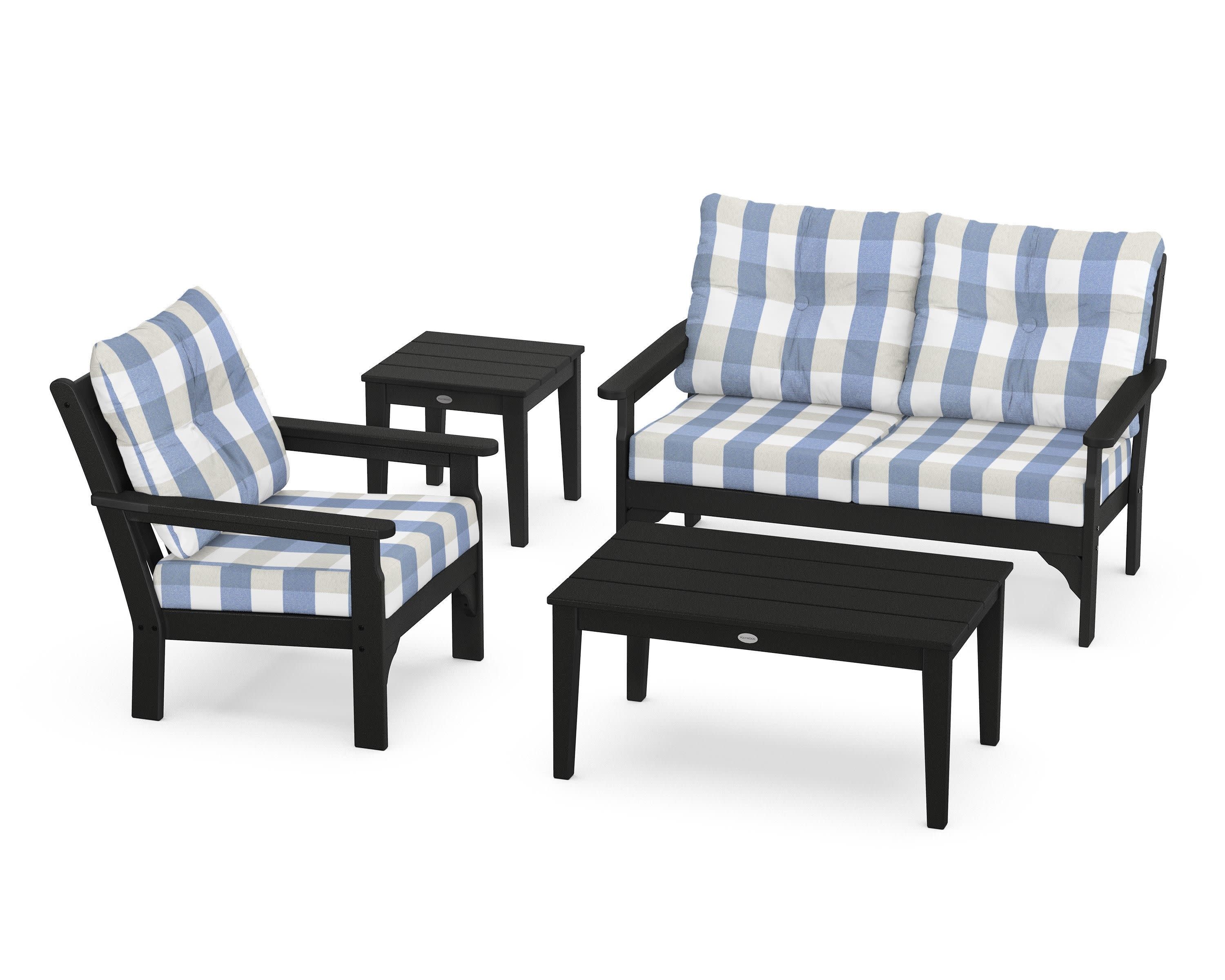 Vineyard 4-Piece Deep Seating Set in Black / Buffalo Plaid Sky Blue