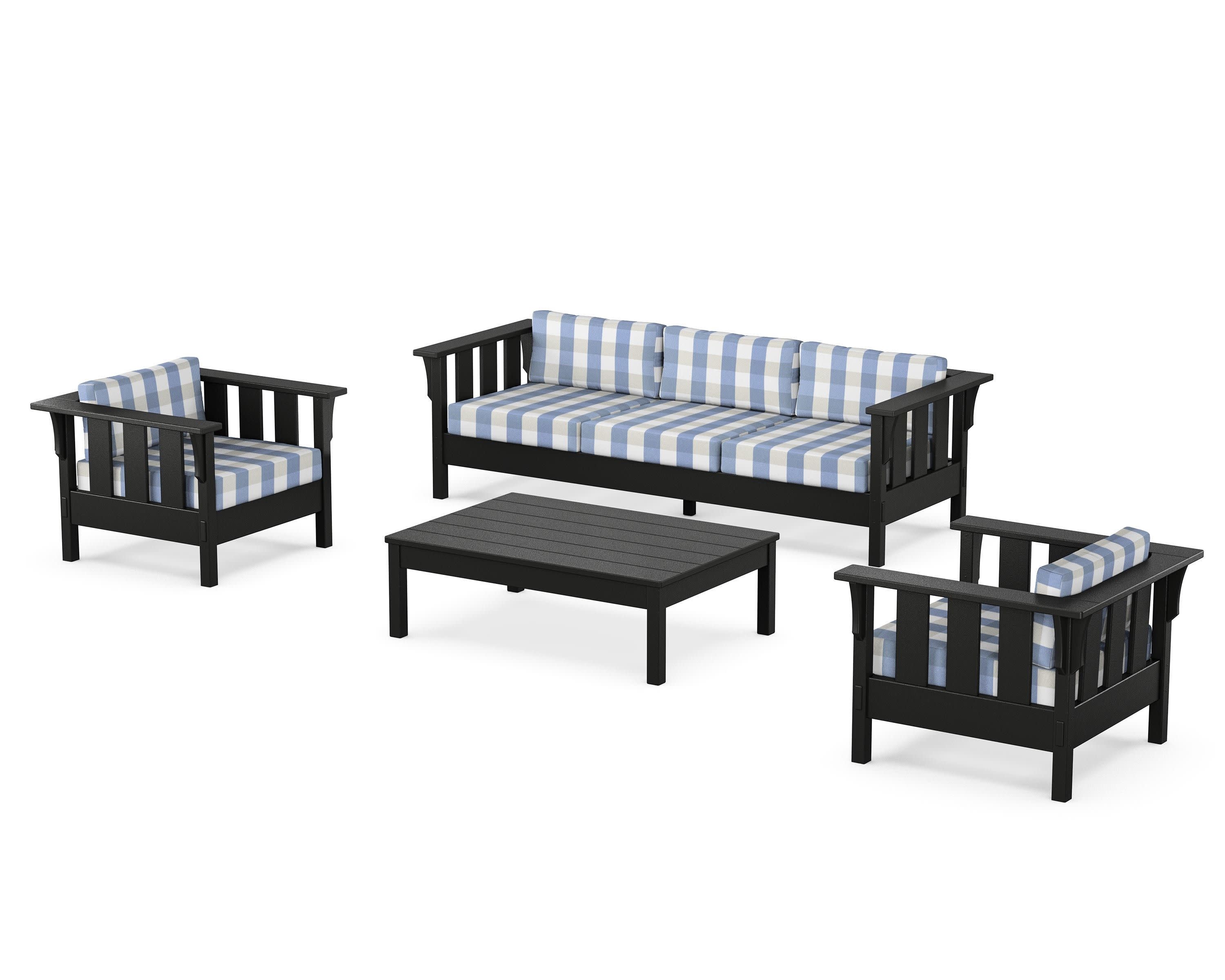 Acadia 4-Piece Deep Seating Set with Sofa in Black / Buffalo Plaid Sky Blue