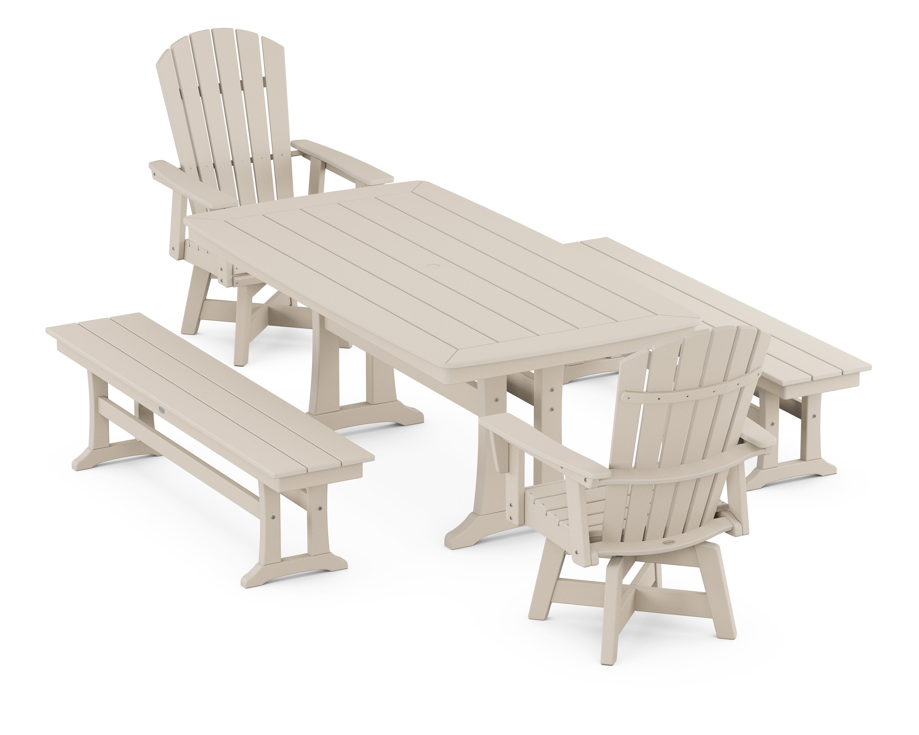 Nautical Curveback Adirondack Swivel Chair 5-Piece Dining Set with Trestle Legs and Benches in Sand