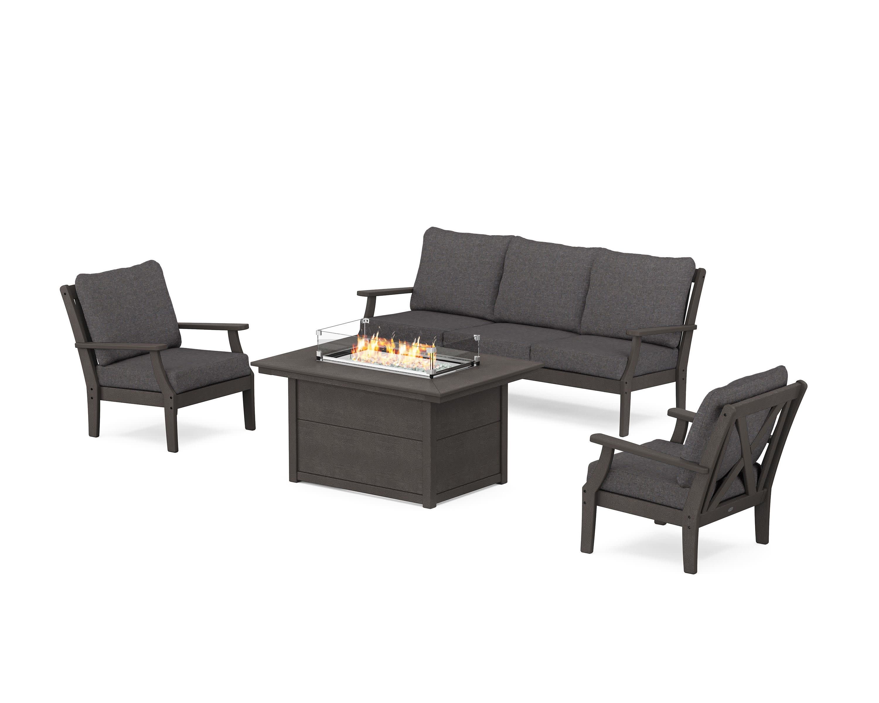 Braxton Deep Seating Fire Pit Table Set in Vintage Coffee / Ash Charcoal