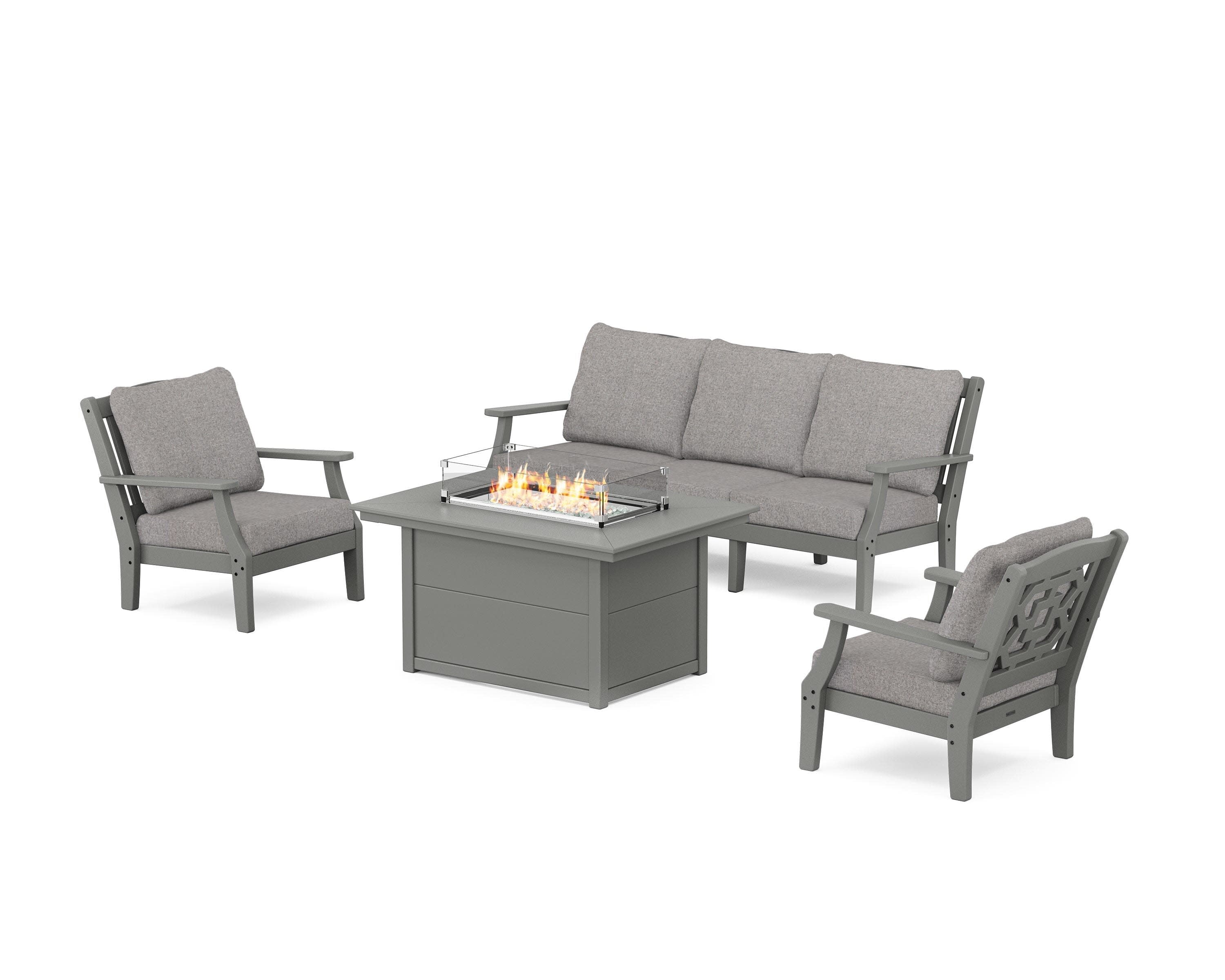 Chinoiserie Deep Seating Fire Pit Table Set in Slate Grey / Grey Mist
