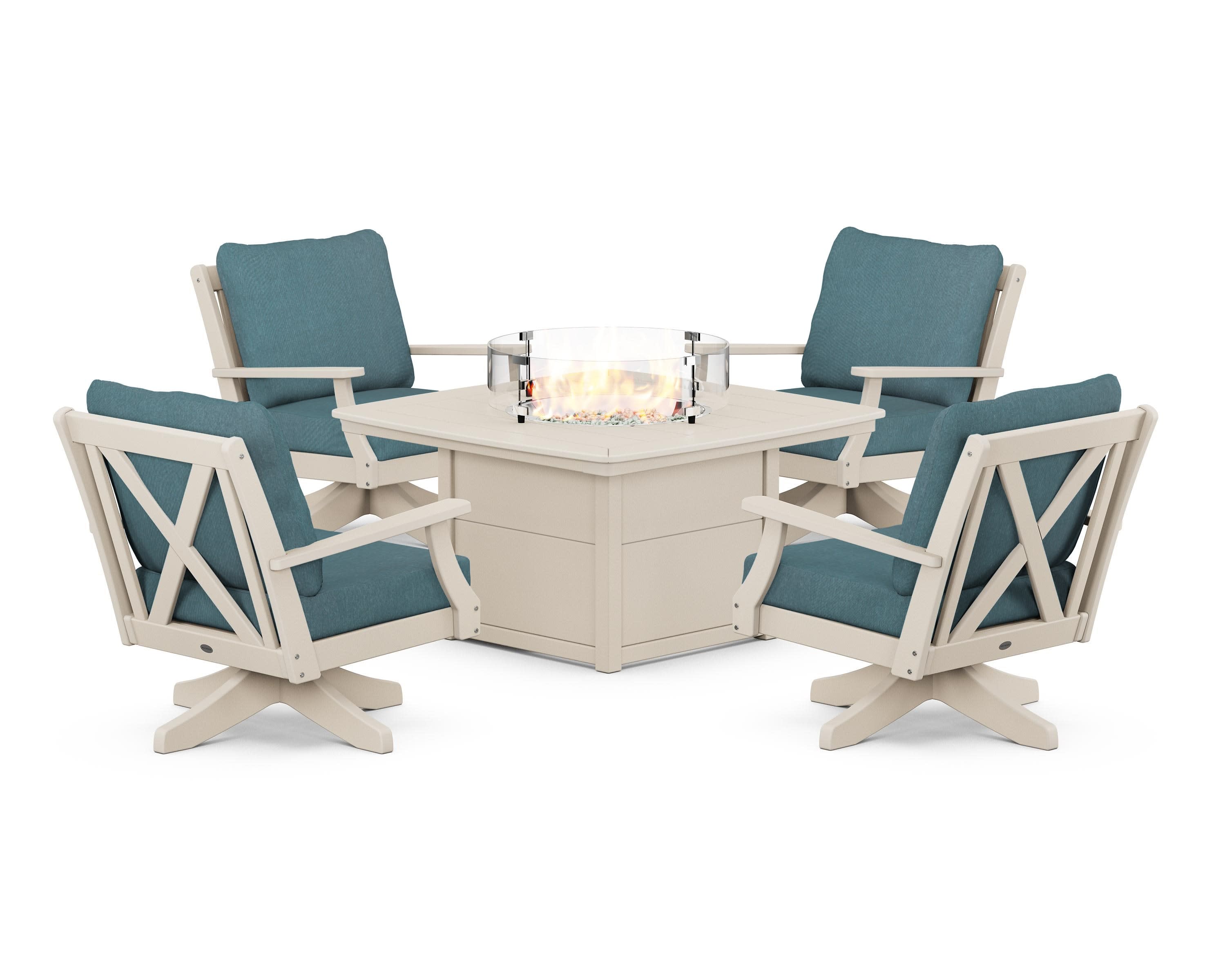 Braxton 5-Piece Deep Seating Swivel Conversation Set with Fire Pit Table in Sand / Ocean Teal