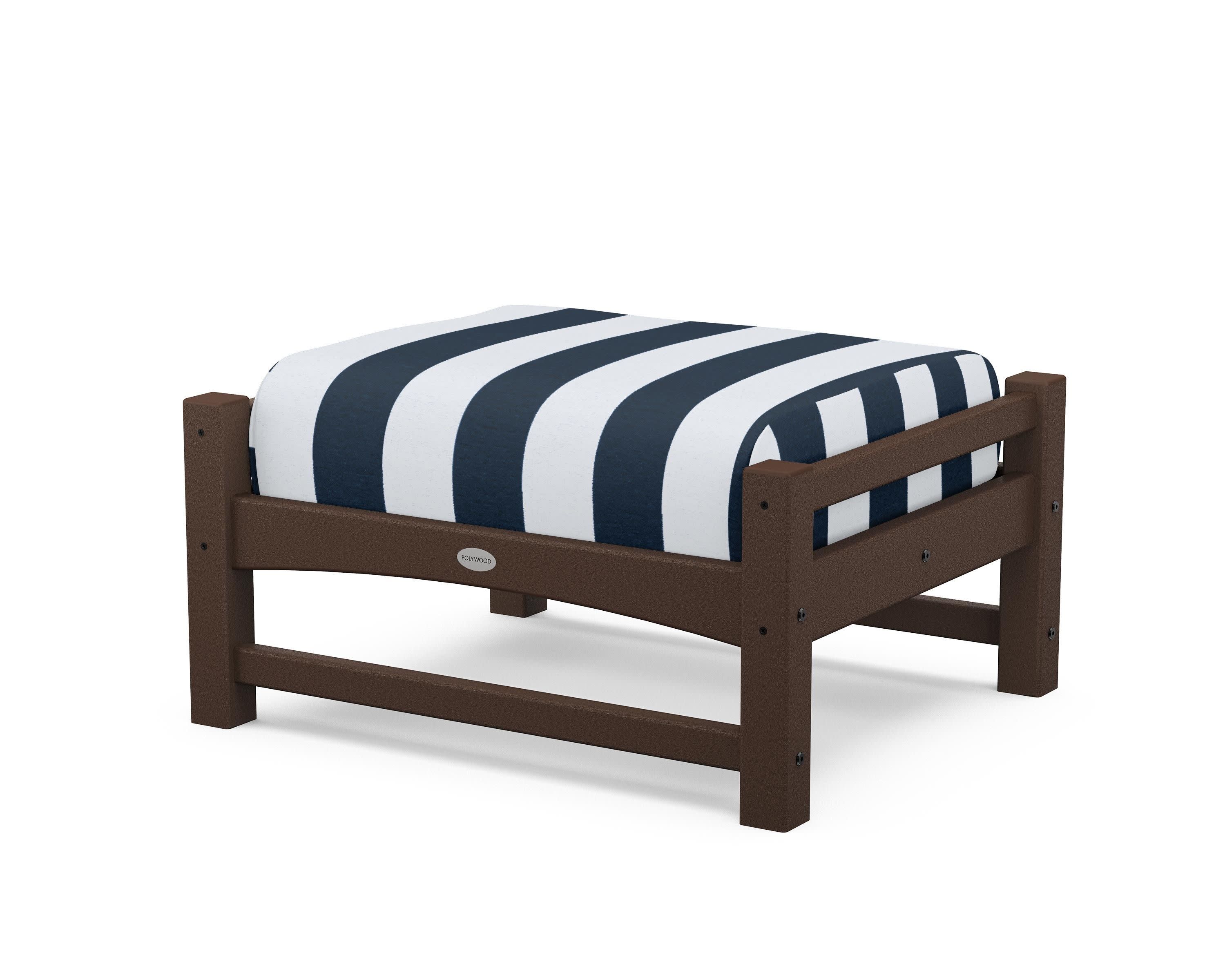 Club Ottoman in Mahogany / Cabana Stripe Marine Indigo