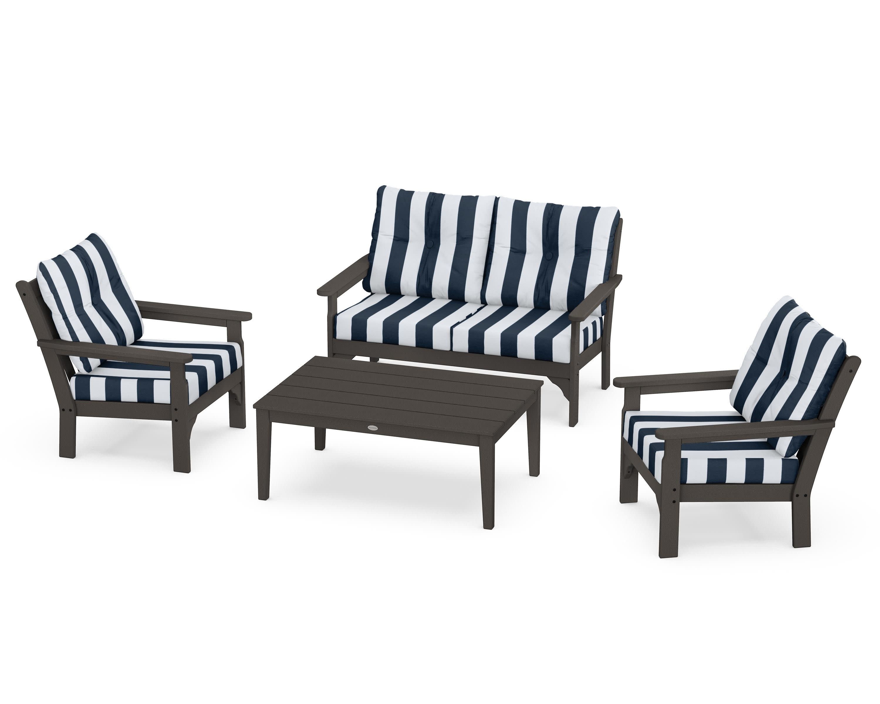 Vineyard 4-Piece Deep Seating Set in Vintage Coffee / Cabana Stripe Marine Indigo