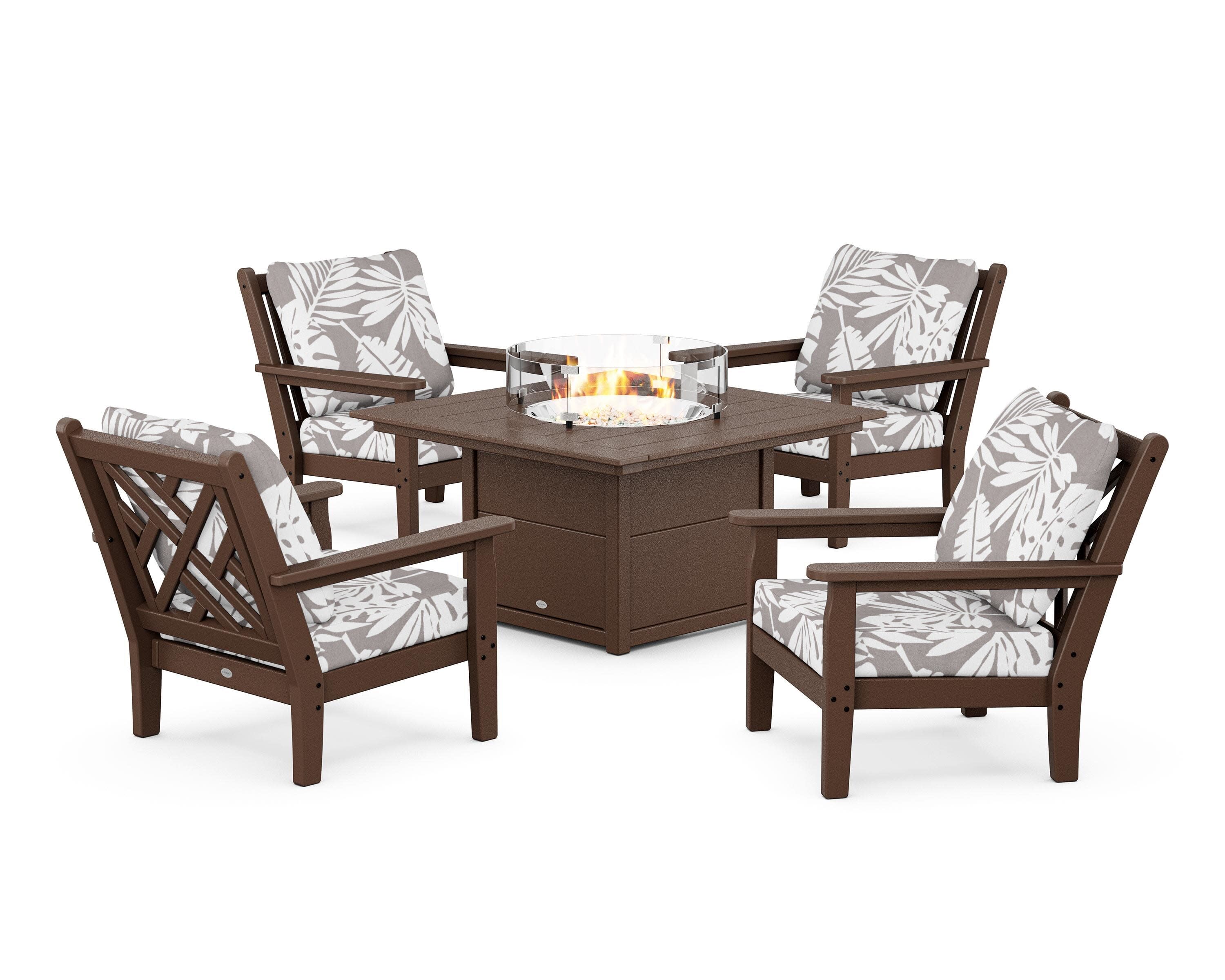 Chippendale 5-Piece Deep Seating Set with Fire Pit Table in Mahogany / Leaf Grey Mist