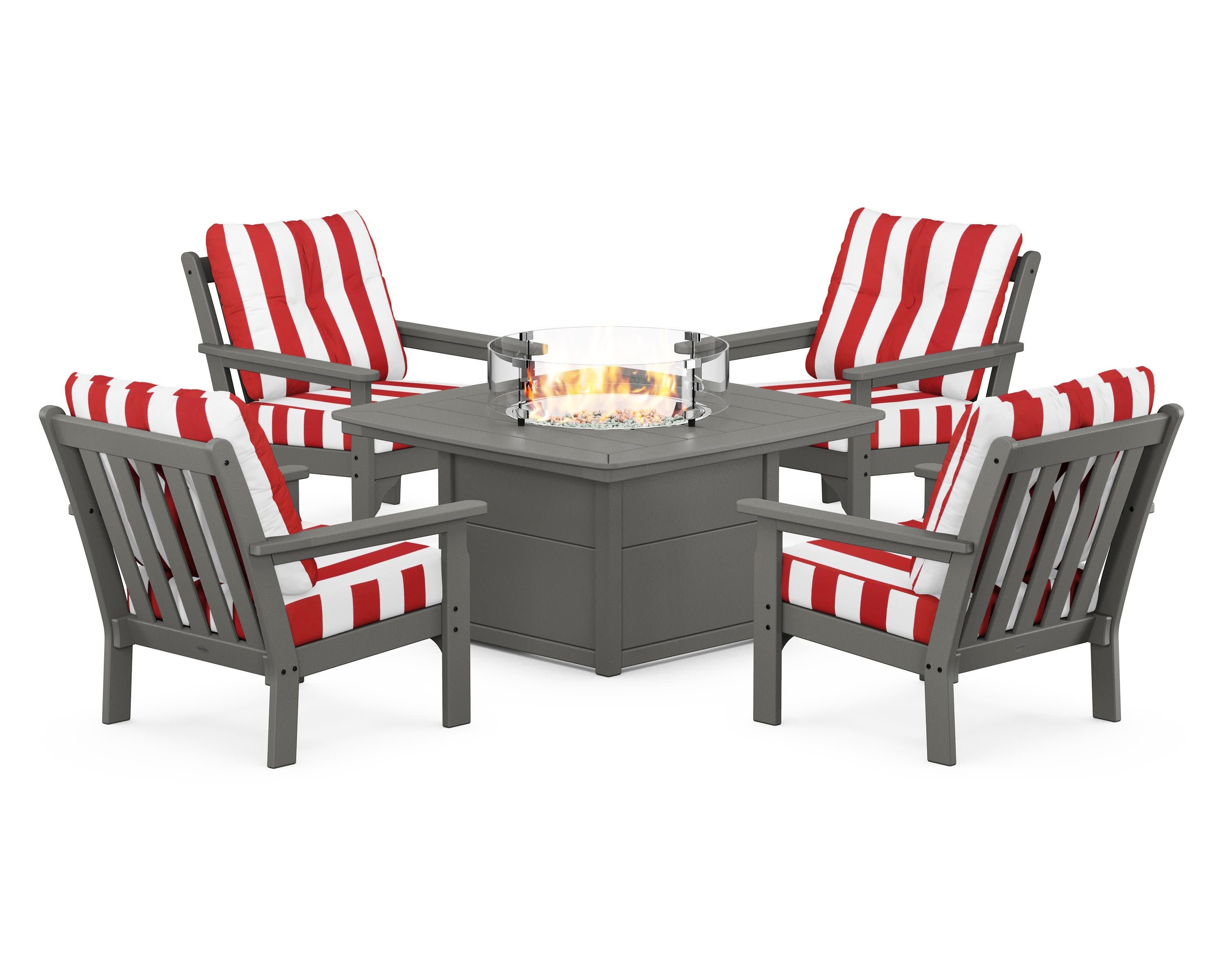 Vineyard 5-Piece Conversation Set with Fire Pit Table in Slate Grey / Cabana Stripe Crimson
