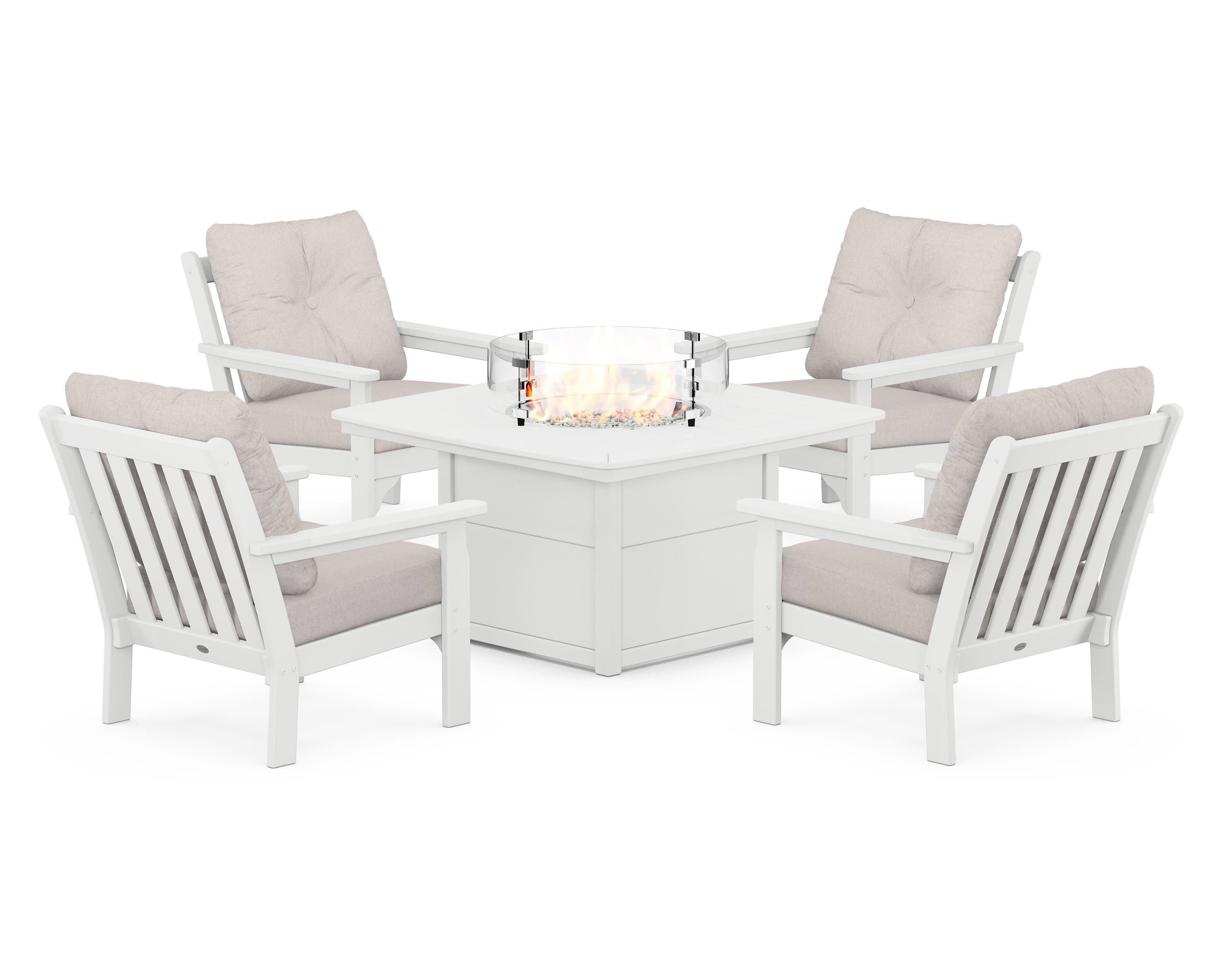 Vineyard 5-Piece Conversation Set with Fire Pit Table in White / Dune Burlap
