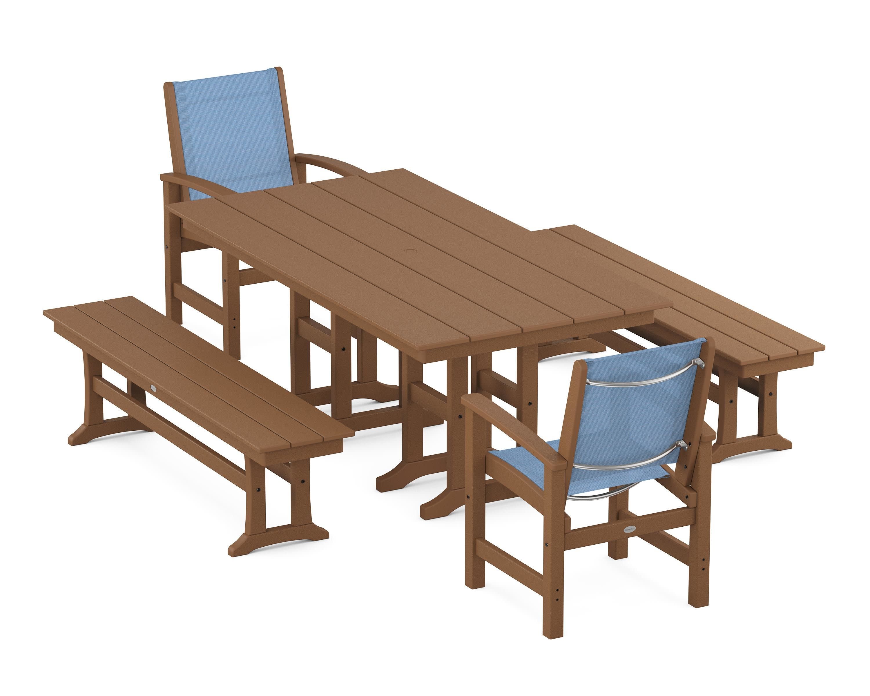 Coastal 5-Piece Farmhouse Dining Set in Teak / Poolside Sling