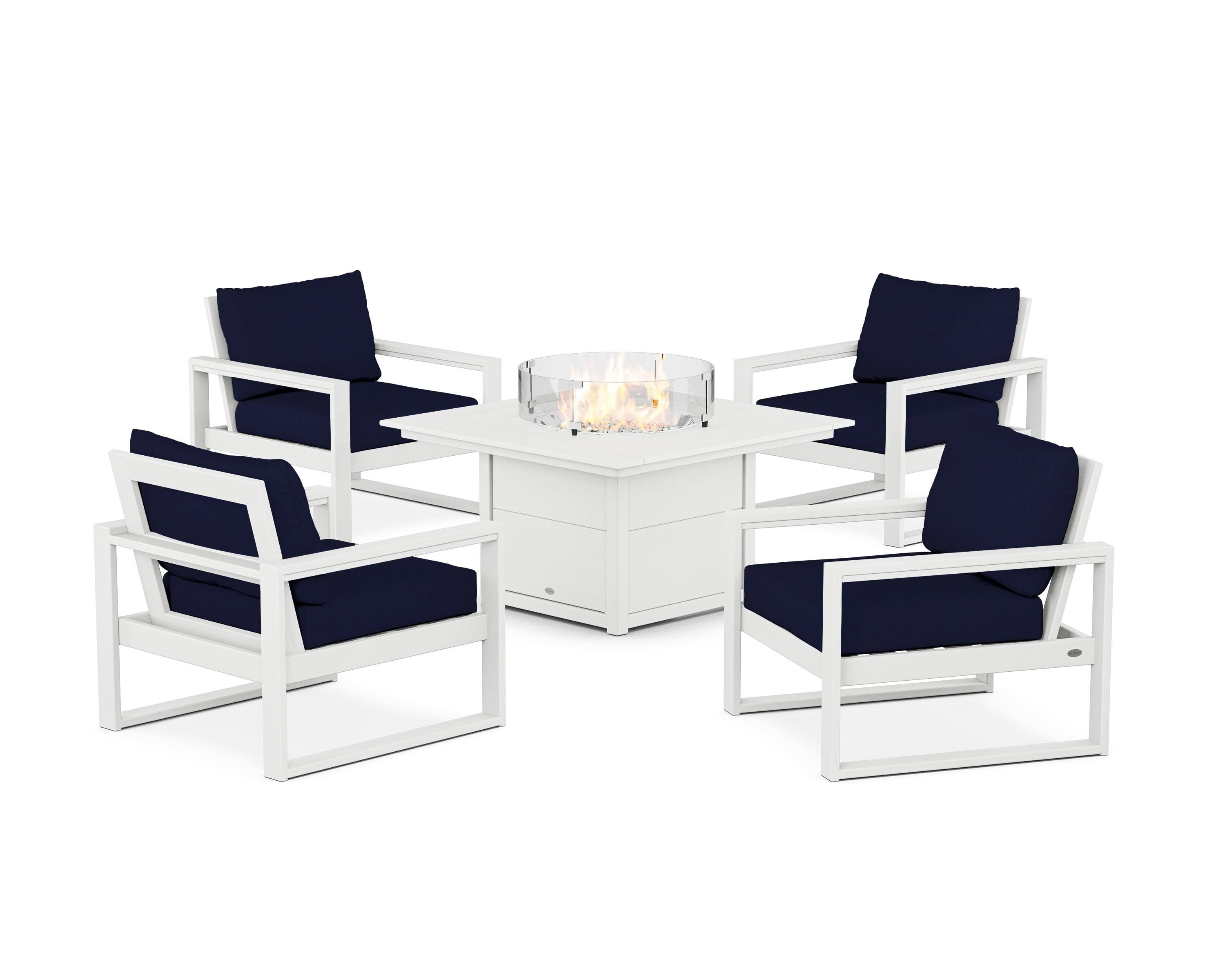 EDGE Sectional 5-Piece Deep Seating Set with Fire Pit Table in White / Navy
