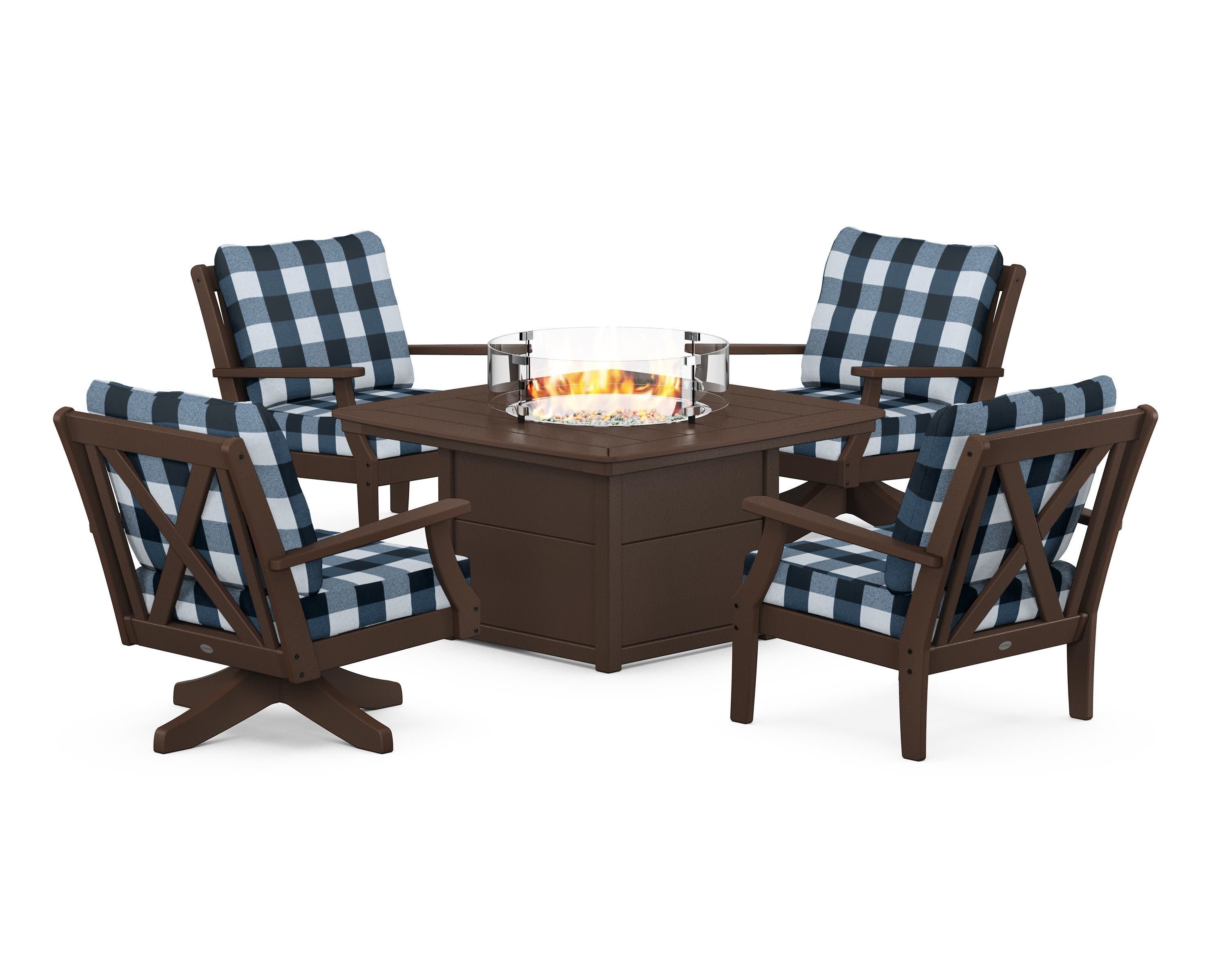 Braxton 5-Piece Deep Seating Set with Fire Table in Mahogany / Buffalo Plaid Marine Indigo