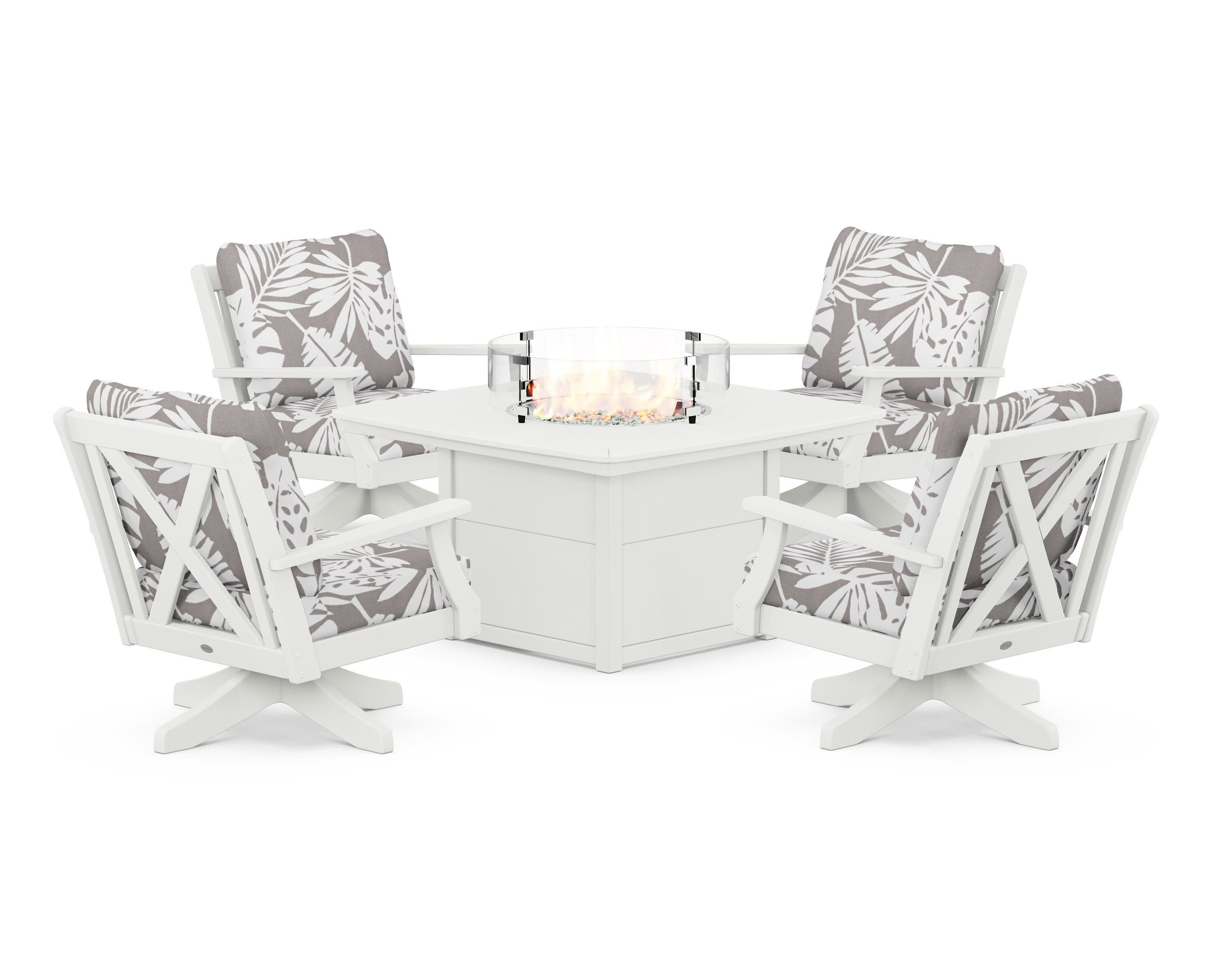 Braxton 5-Piece Deep Seating Swivel Conversation Set with Fire Pit Table in Vintage White / Leaf Grey Mist