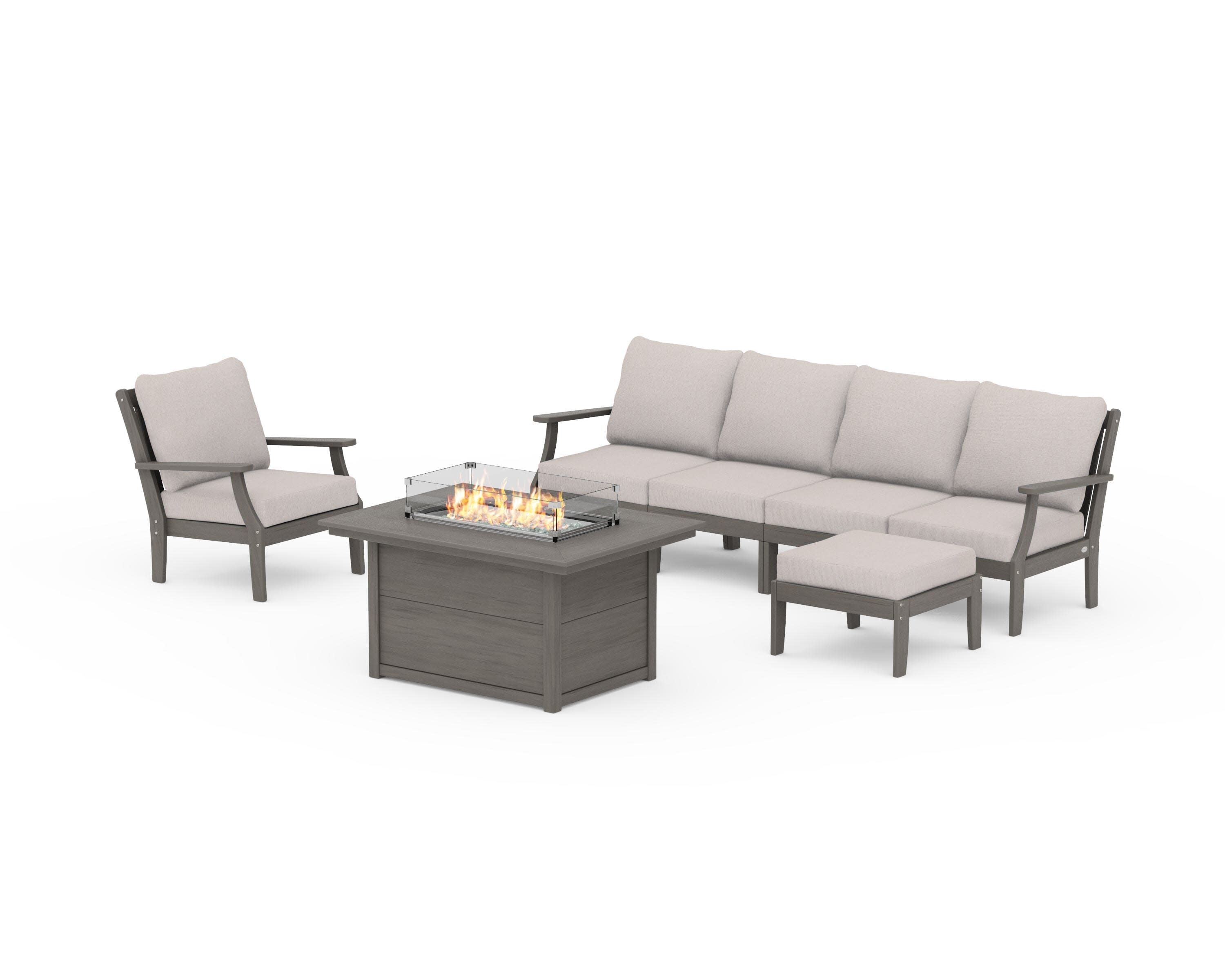 Braxton Sectional Lounge and Fire Pit Set in Driftwood / Dune Burlap