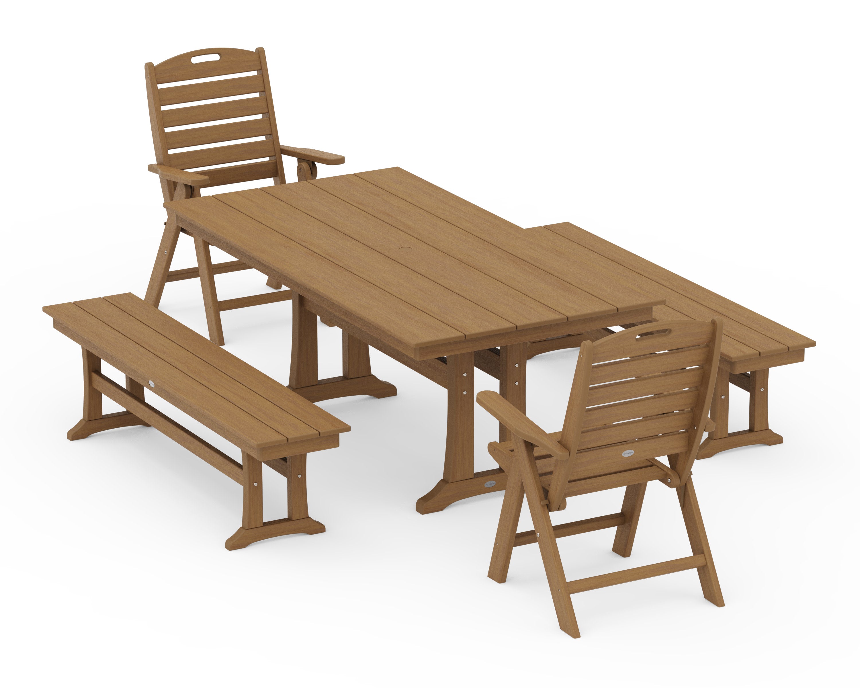 Nautical Folding Highback Chair 5-Piece Farmhouse Dining Set With Trestle Legs and Benches in Natural