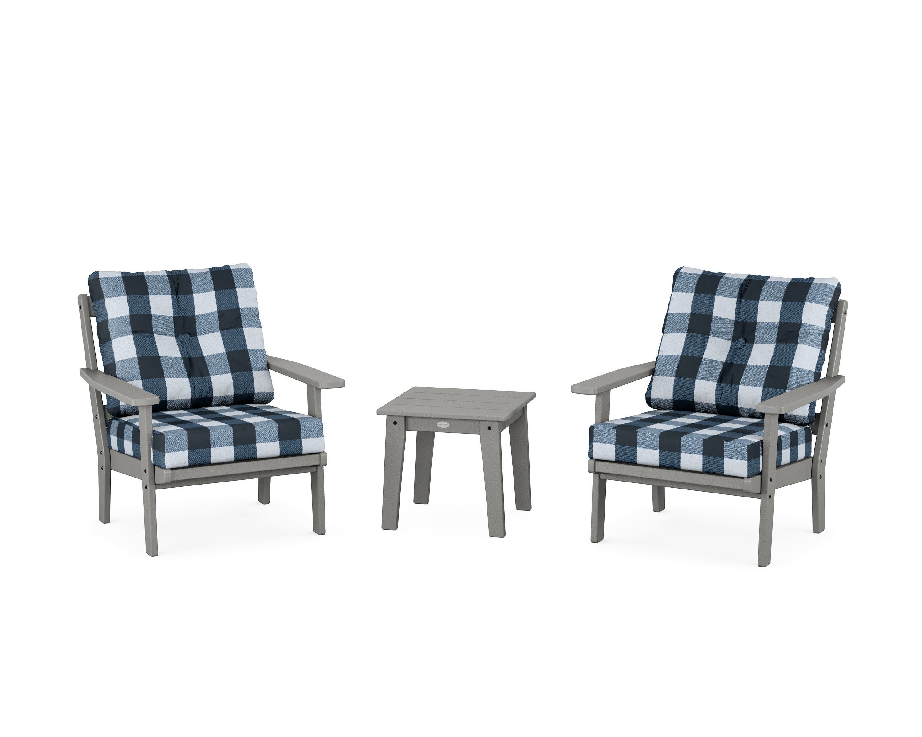 Oxford 3-Piece Deep Seating Set in Slate Grey / Buffalo Plaid Marine Indigo