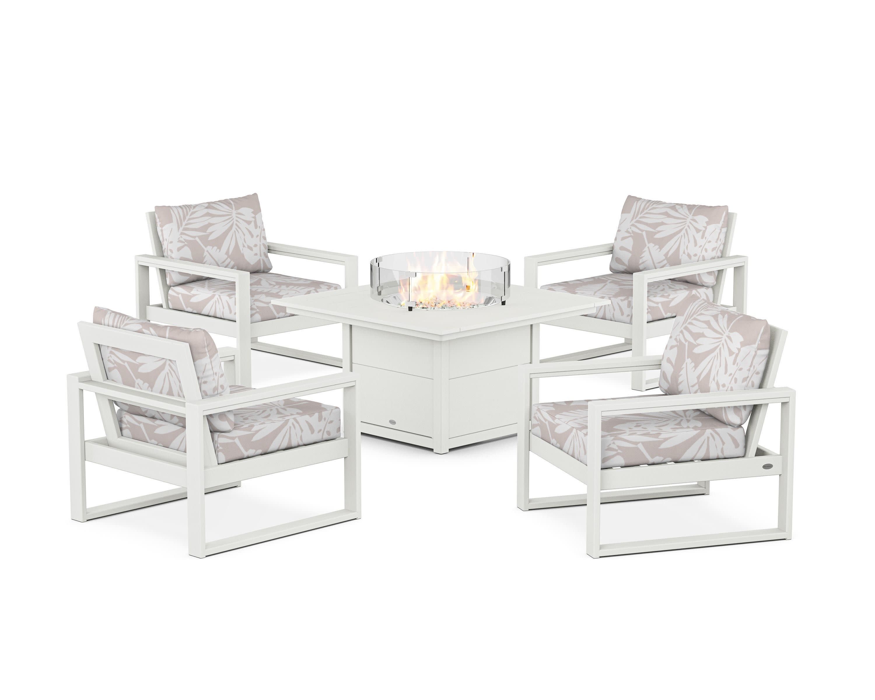 EDGE Sectional 5-Piece Deep Seating Set with Fire Pit Table in Vintage White / Leaf Dune Burlap