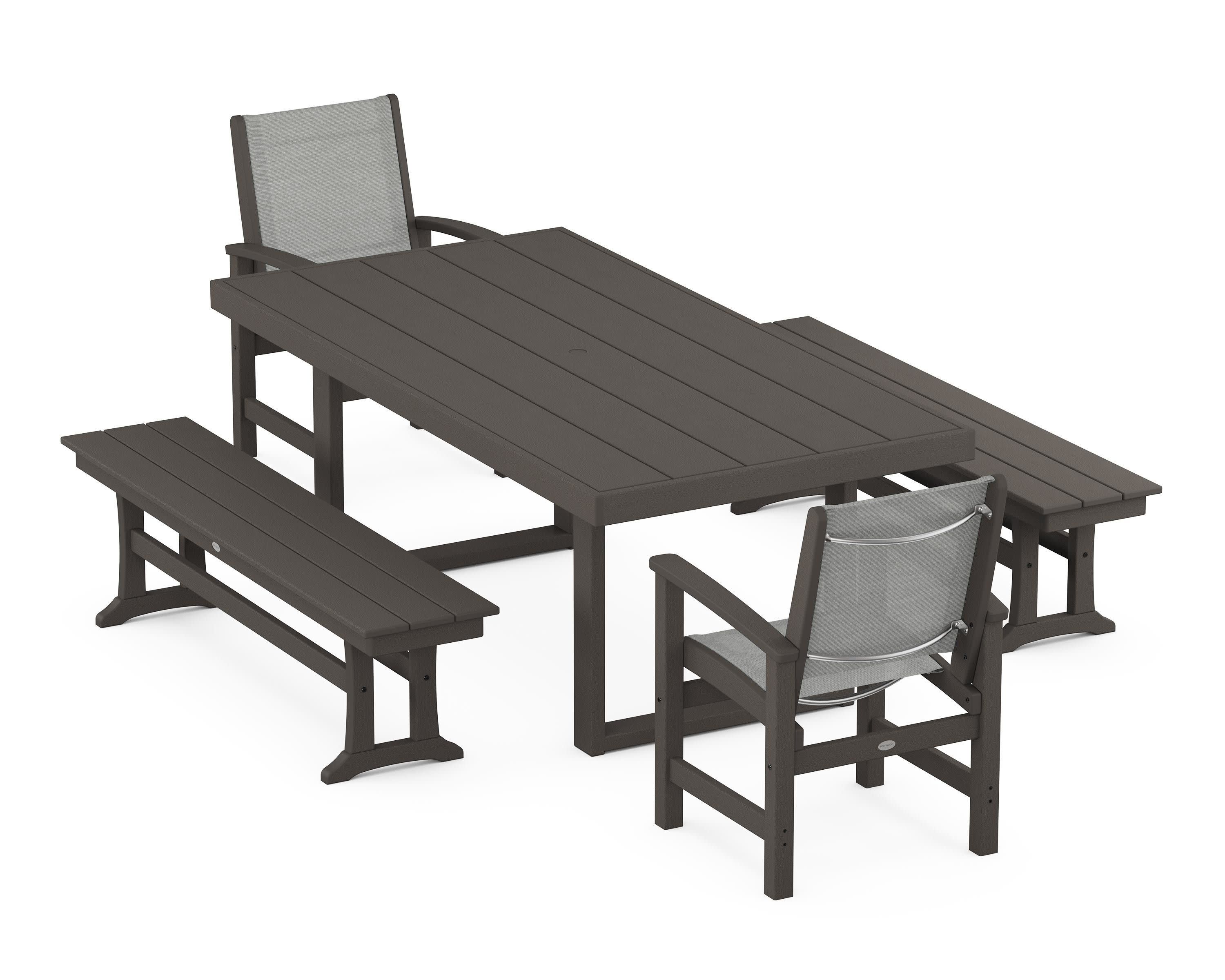 Coastal 5-Piece Dining Set with Trestle Legs in Vintage Coffee / Metallic Sling