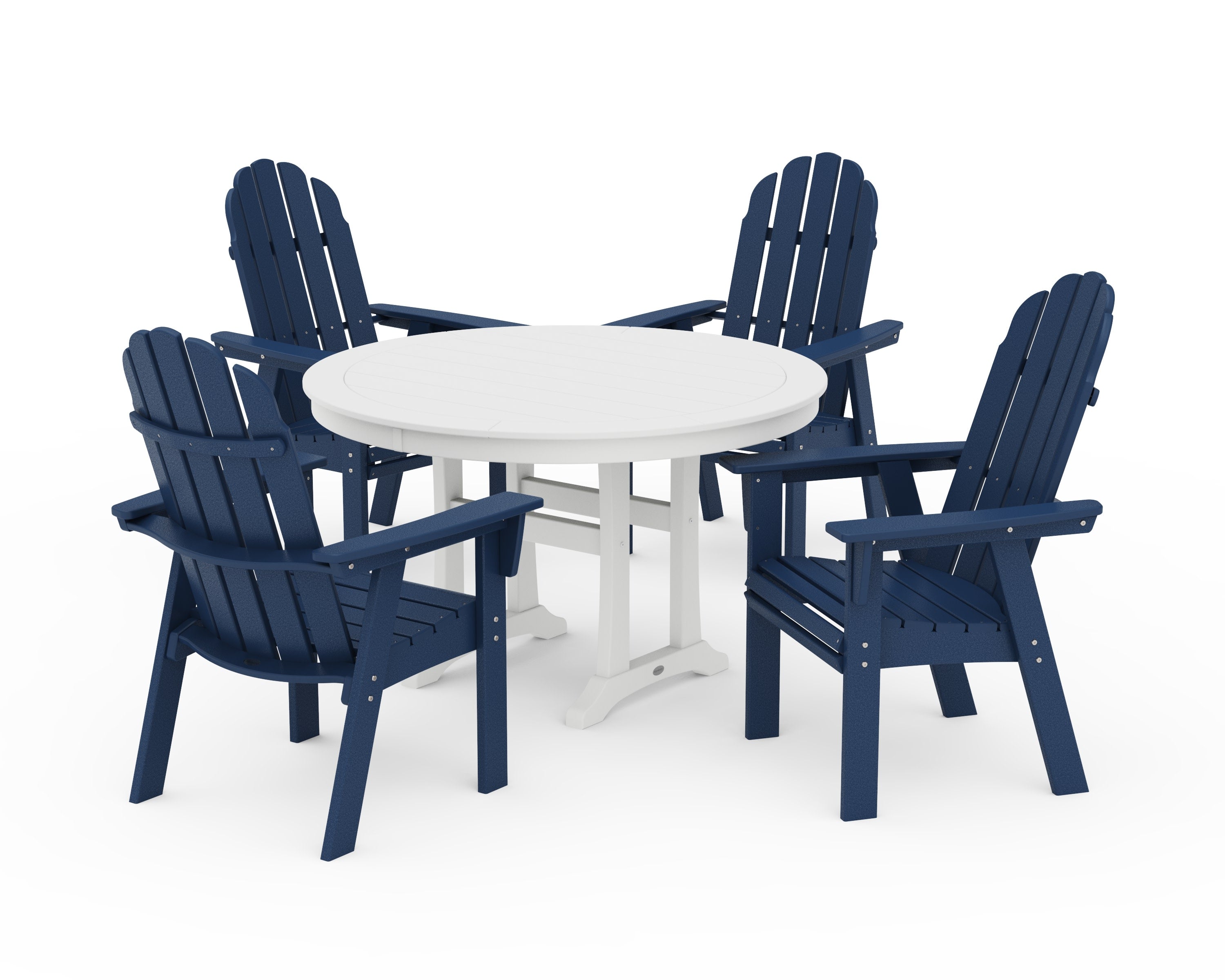Vineyard Curveback Adirondack 5-Piece Nautical Trestle Dining Set in Navy / White
