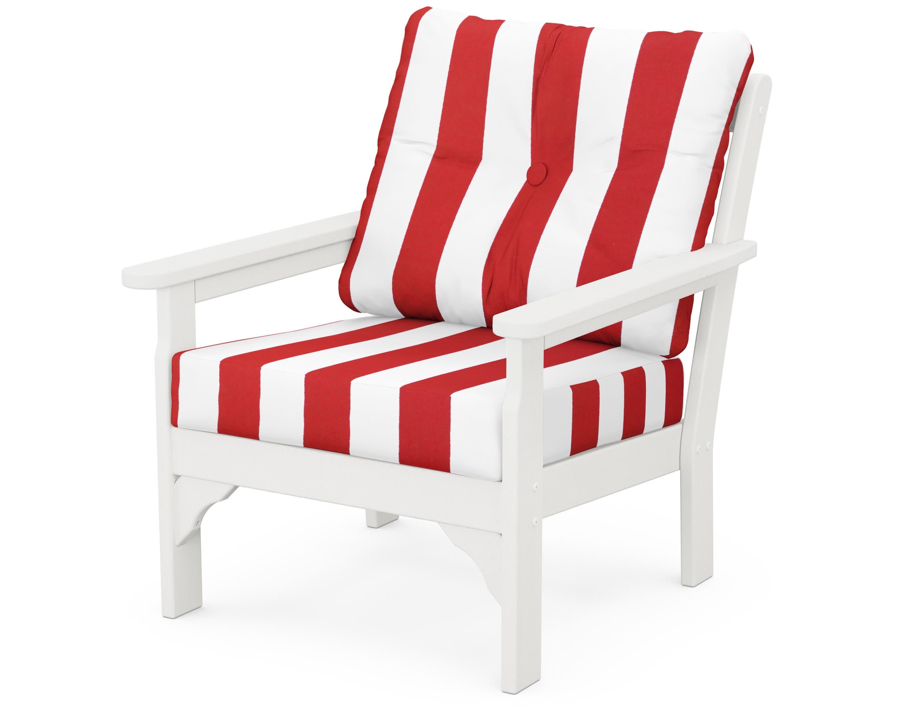 Vineyard Deep Seating Chair in Vintage White / Cabana Stripe Crimson
