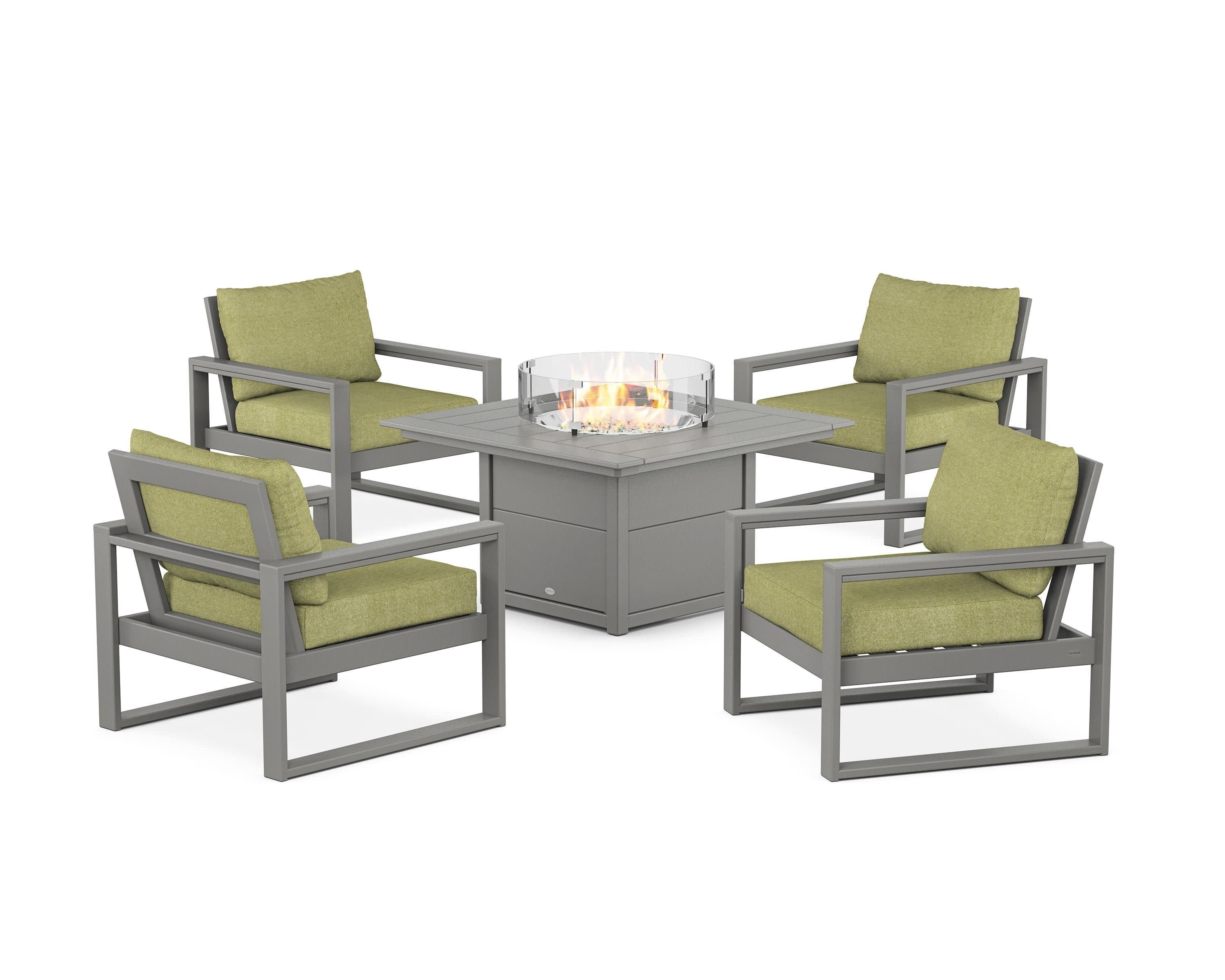 EDGE Sectional 5-Piece Deep Seating Set with Fire Pit Table in Slate Grey / Chartreuse Boucle