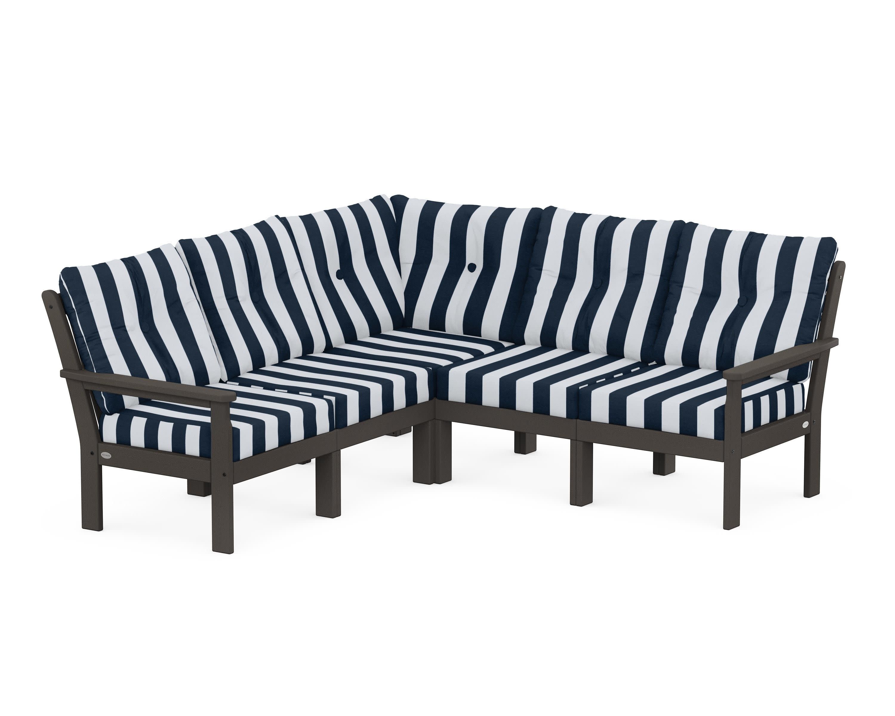 Vineyard 5-Piece Sectional in Vintage Coffee / Cabana Stripe Marine Indigo