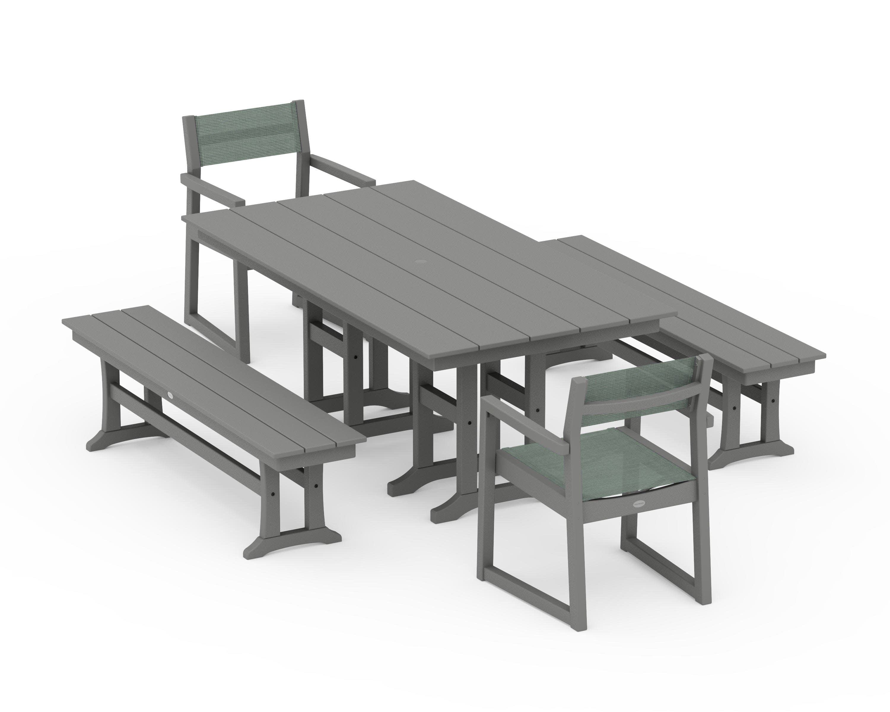 EDGE Sling Arm Chair 5-Piece Farmhouse Dining Set with Benches in Slate Grey / Dupioni Sea Mist Sling