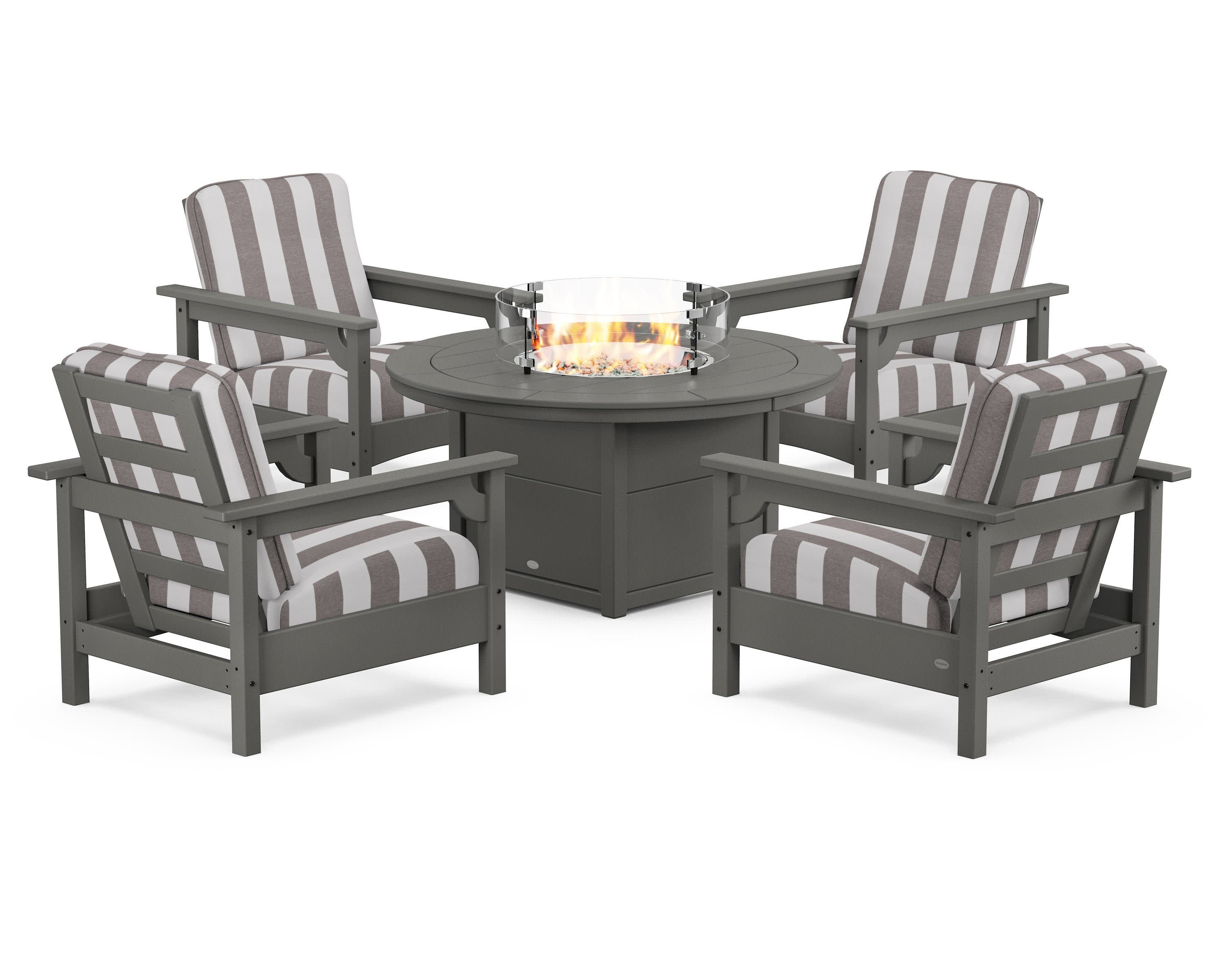 Club 5-Piece Conversation Set with Fire Pit Table in Slate Grey / Cabana Stripe Grey Mist