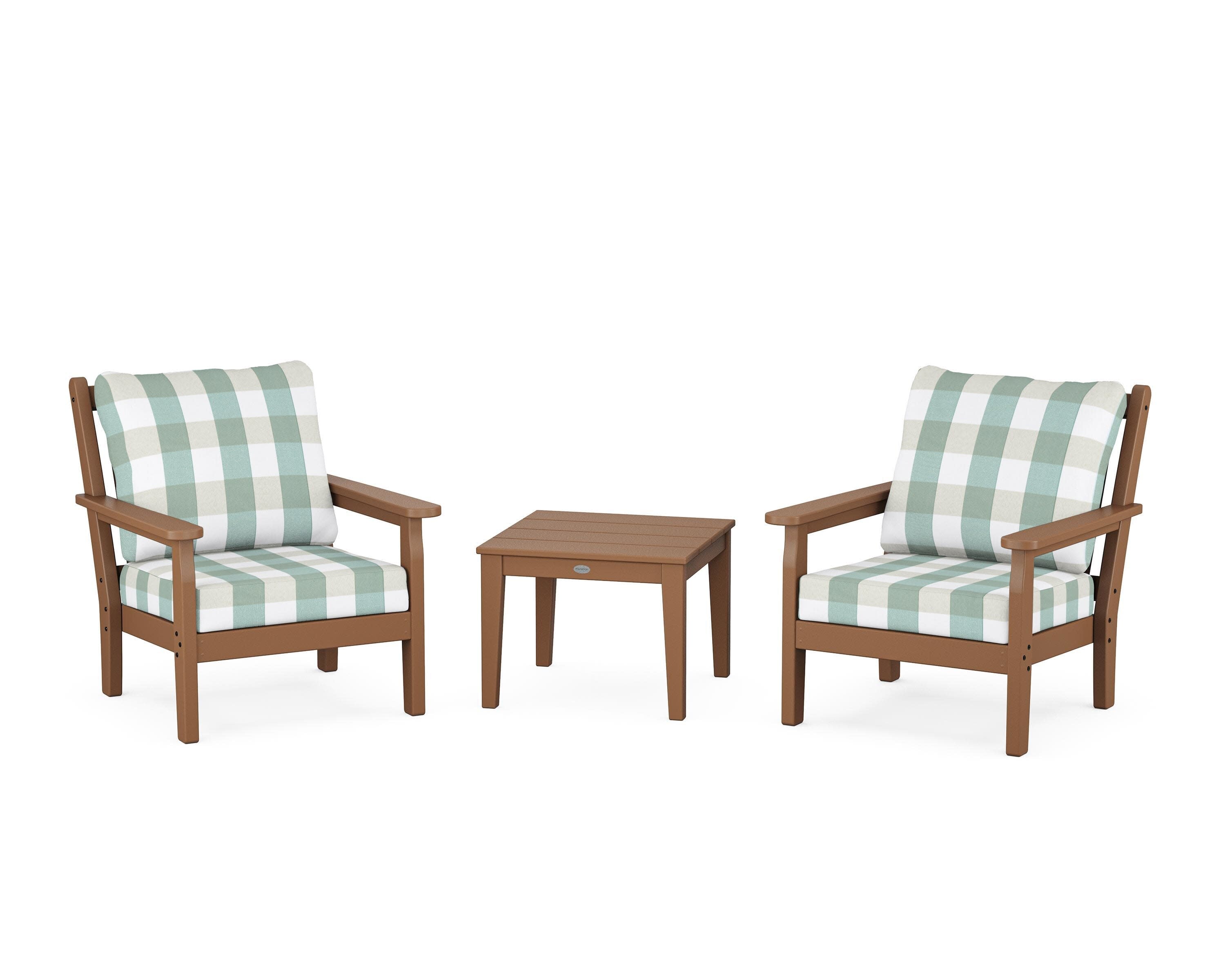 Chippendale 3-Piece Deep Seating Set in Teak / Buffalo Plaid Glacier Spa