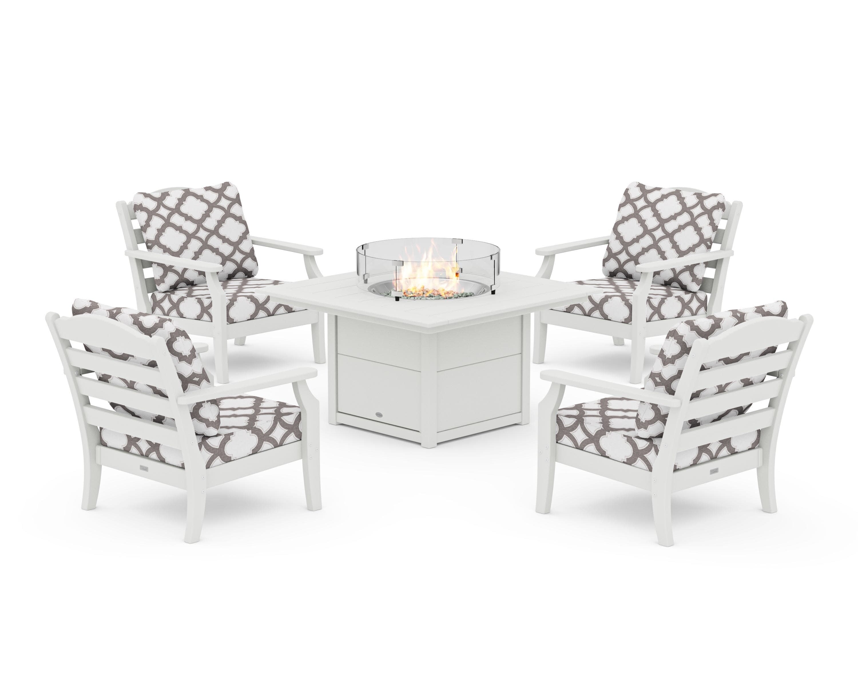 Savannah 5-Piece Deep Seating Set with Fire Pit Table in Vintage White / Trellis Grey Mist