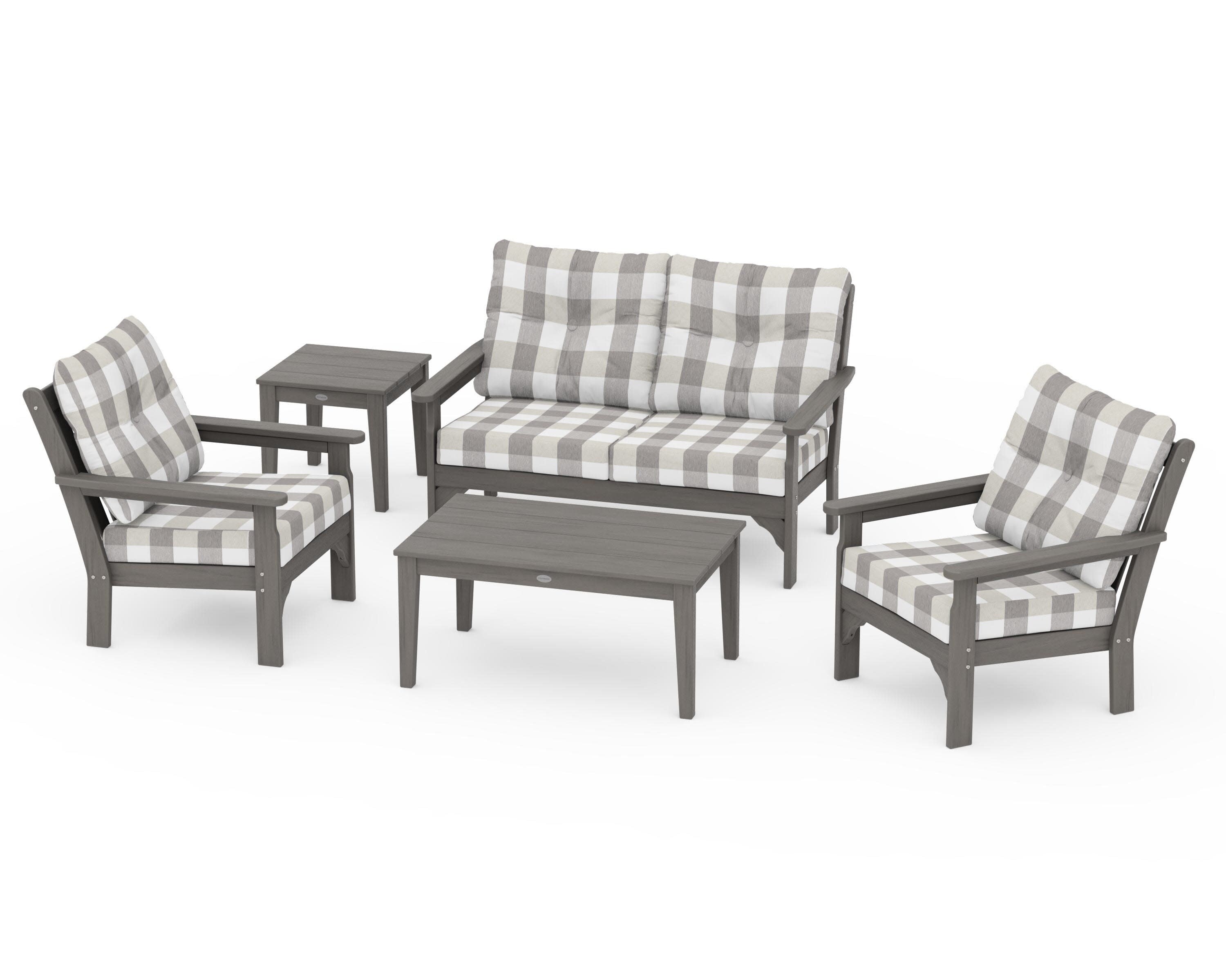Vineyard 5-Piece Deep Seating Set in Driftwood / Buffalo Plaid Grey Mist