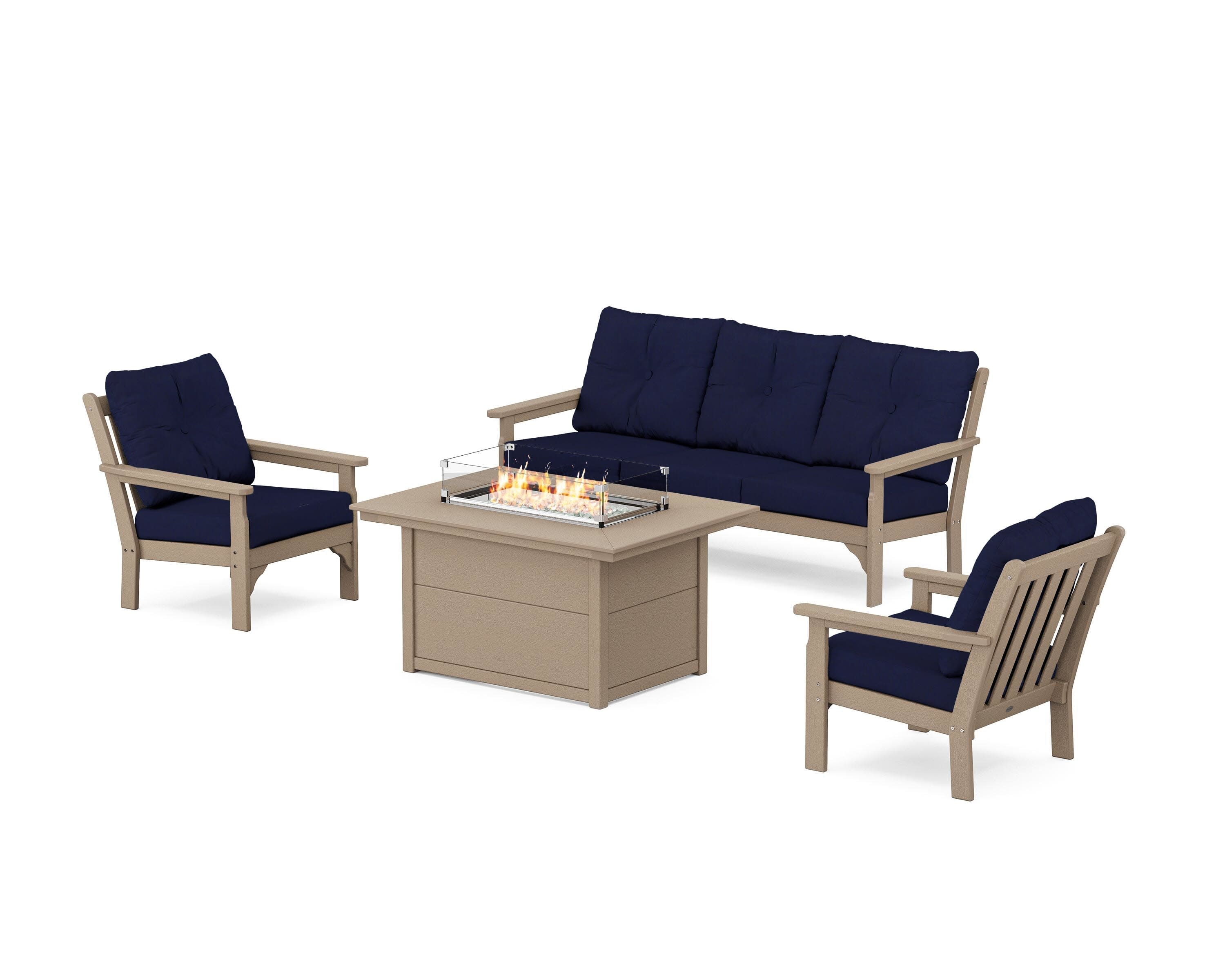 Vineyard Deep Seating Fire Pit Table Set in Vintage Sahara / Navy