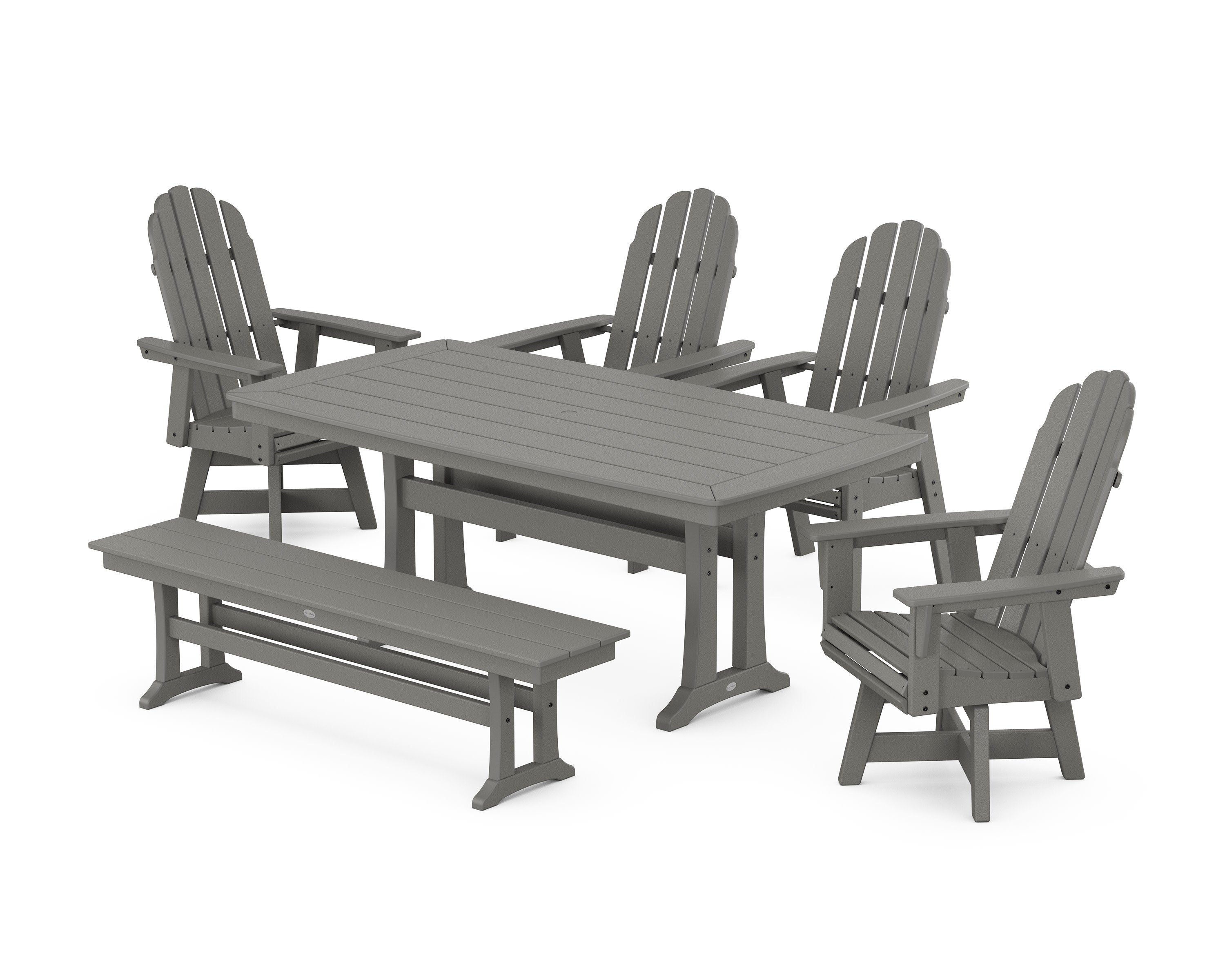 Vineyard Curveback Adirondack Swivel Chair 6-Piece Dining Set with Trestle Legs and Bench in Slate Grey