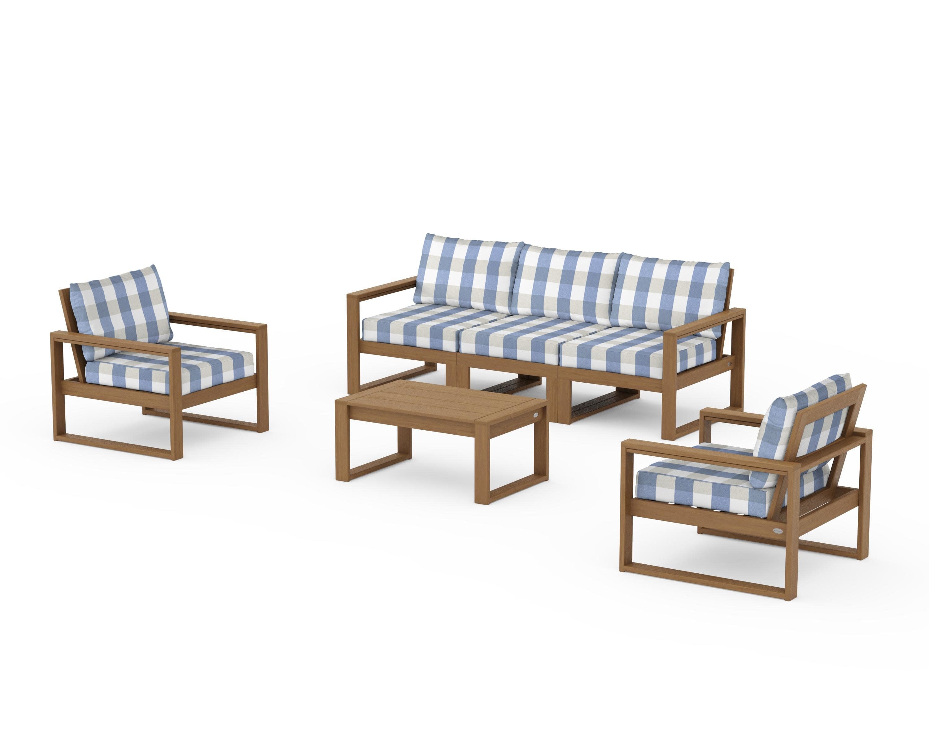 EDGE Sectional 4-Piece Deep Seating Set with Sofa in Natural / Buffalo Plaid Sky Blue