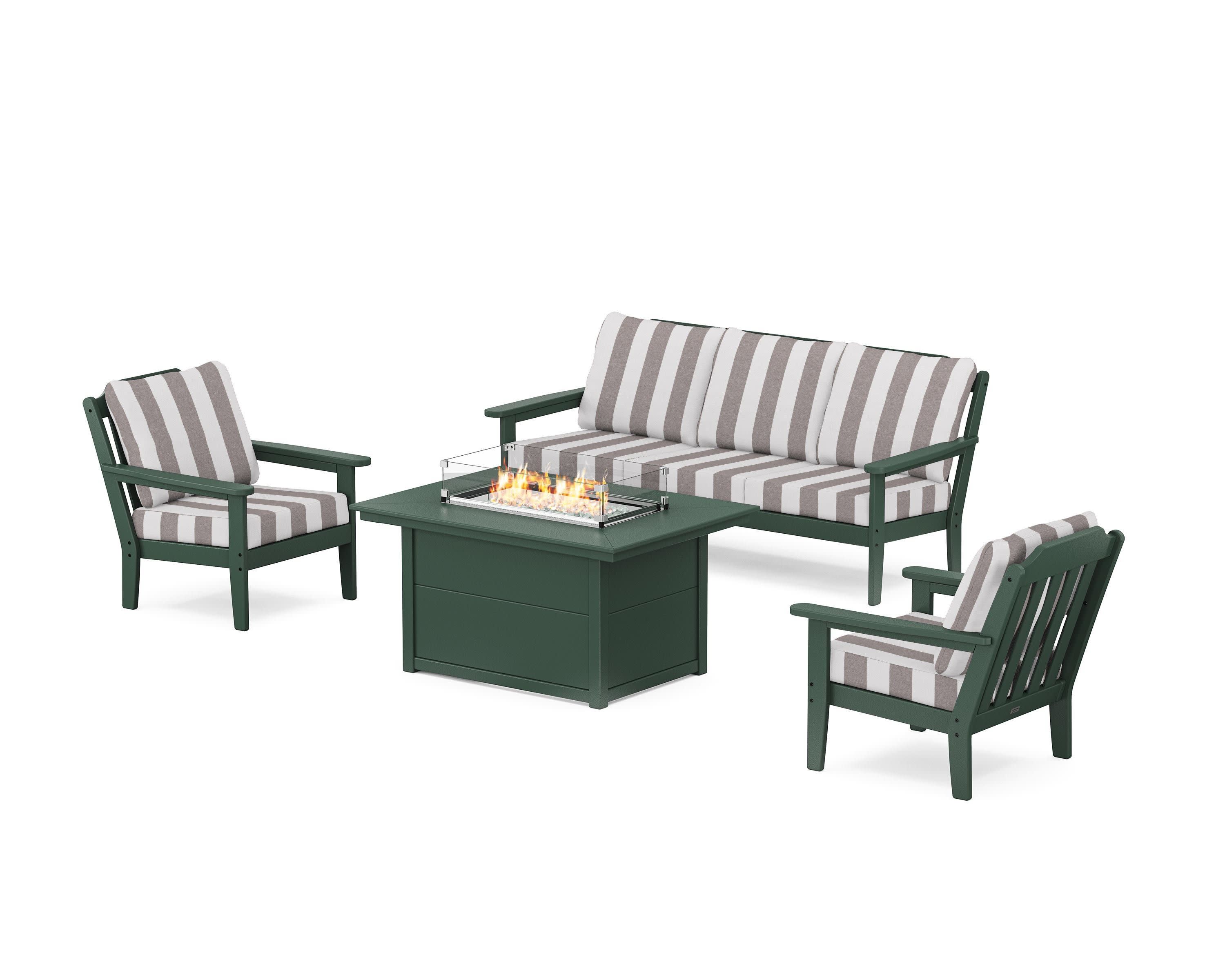 Cottage Deep Seating Fire Pit Table Set in Green / Cabana Stripe Grey Mist