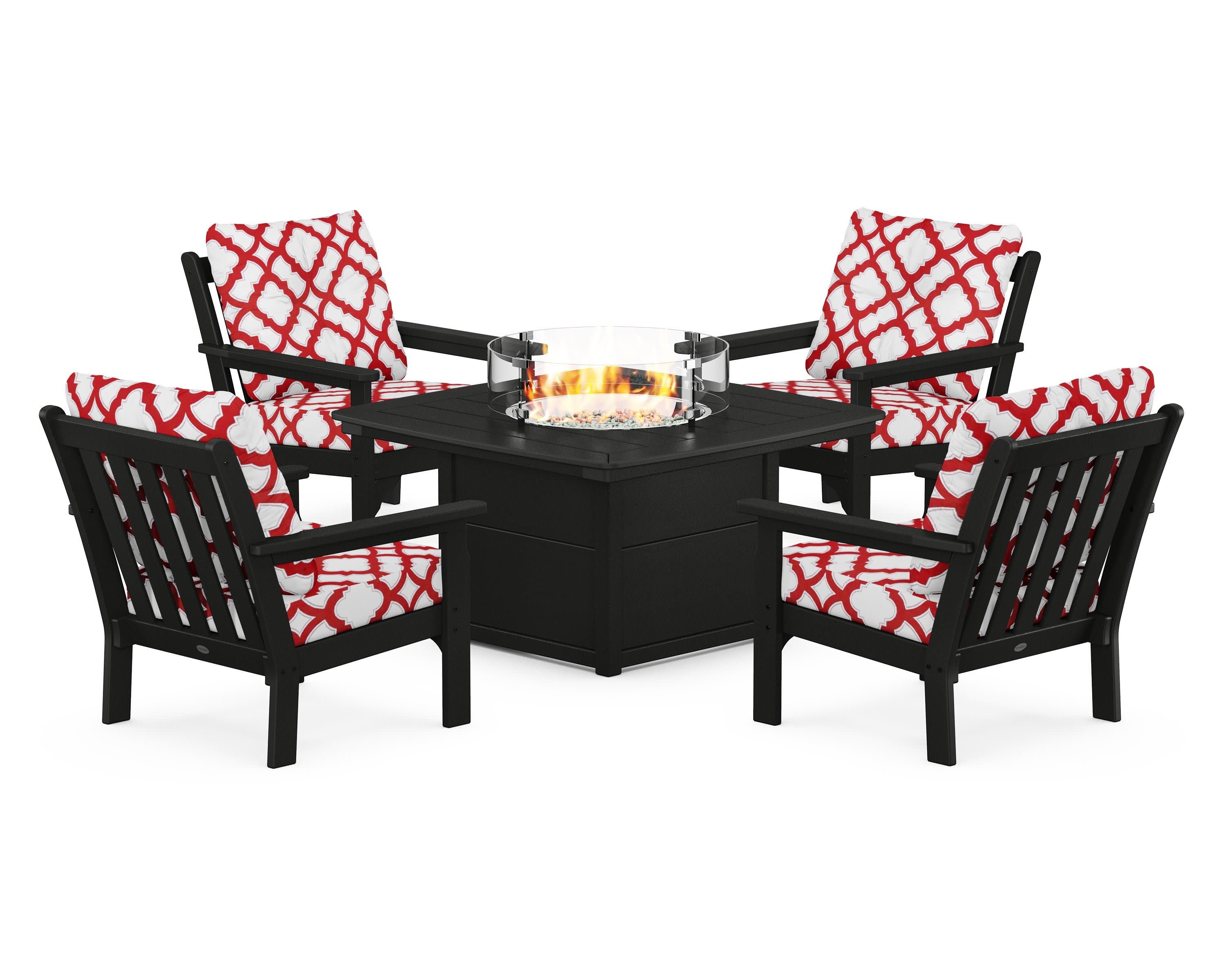 Vineyard 5-Piece Conversation Set with Fire Pit Table in Black / Trellis Crimson