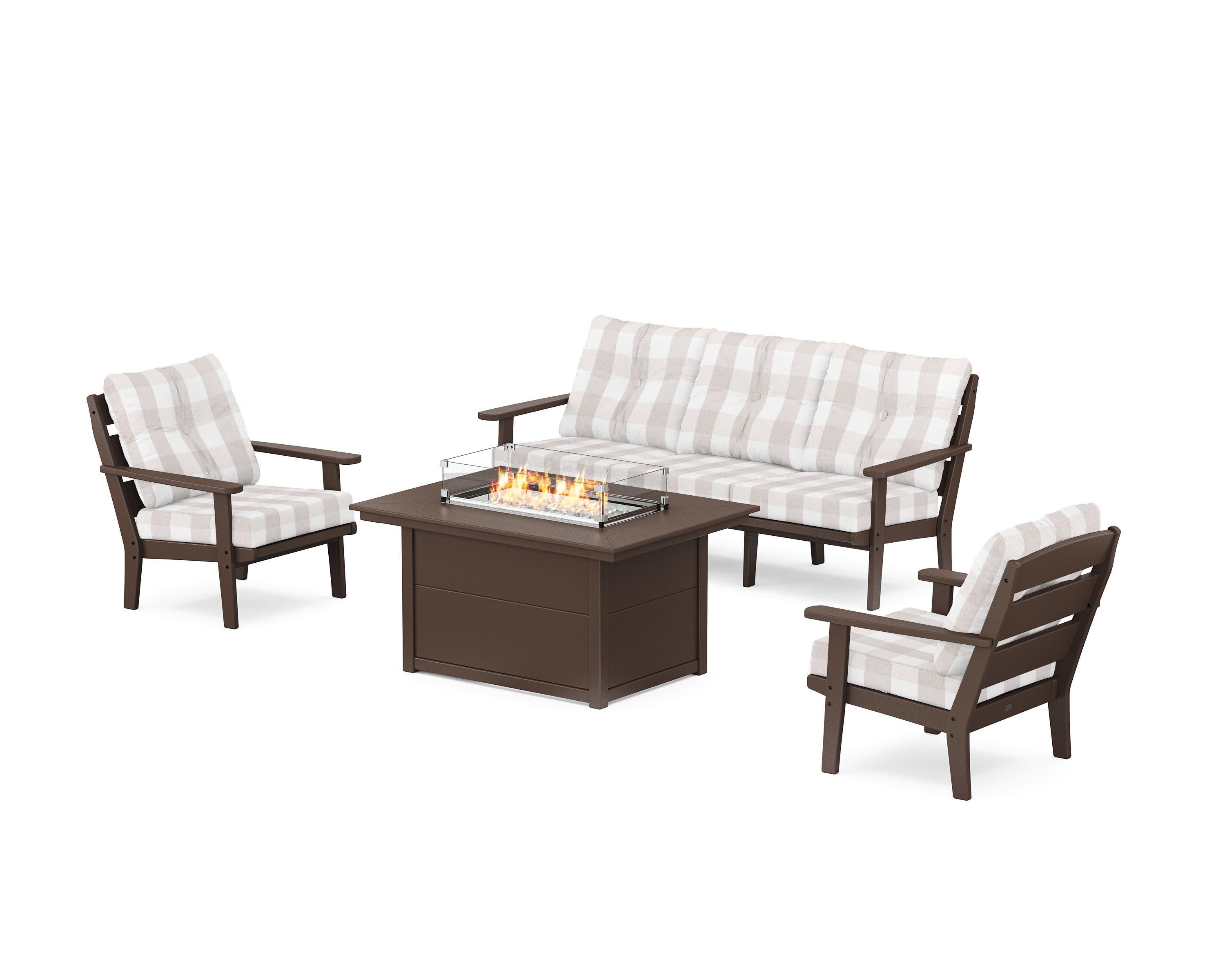 Lakeside Deep Seating Fire Pit Table Set in Mahogany / Buffalo Plaid Dune Burlap