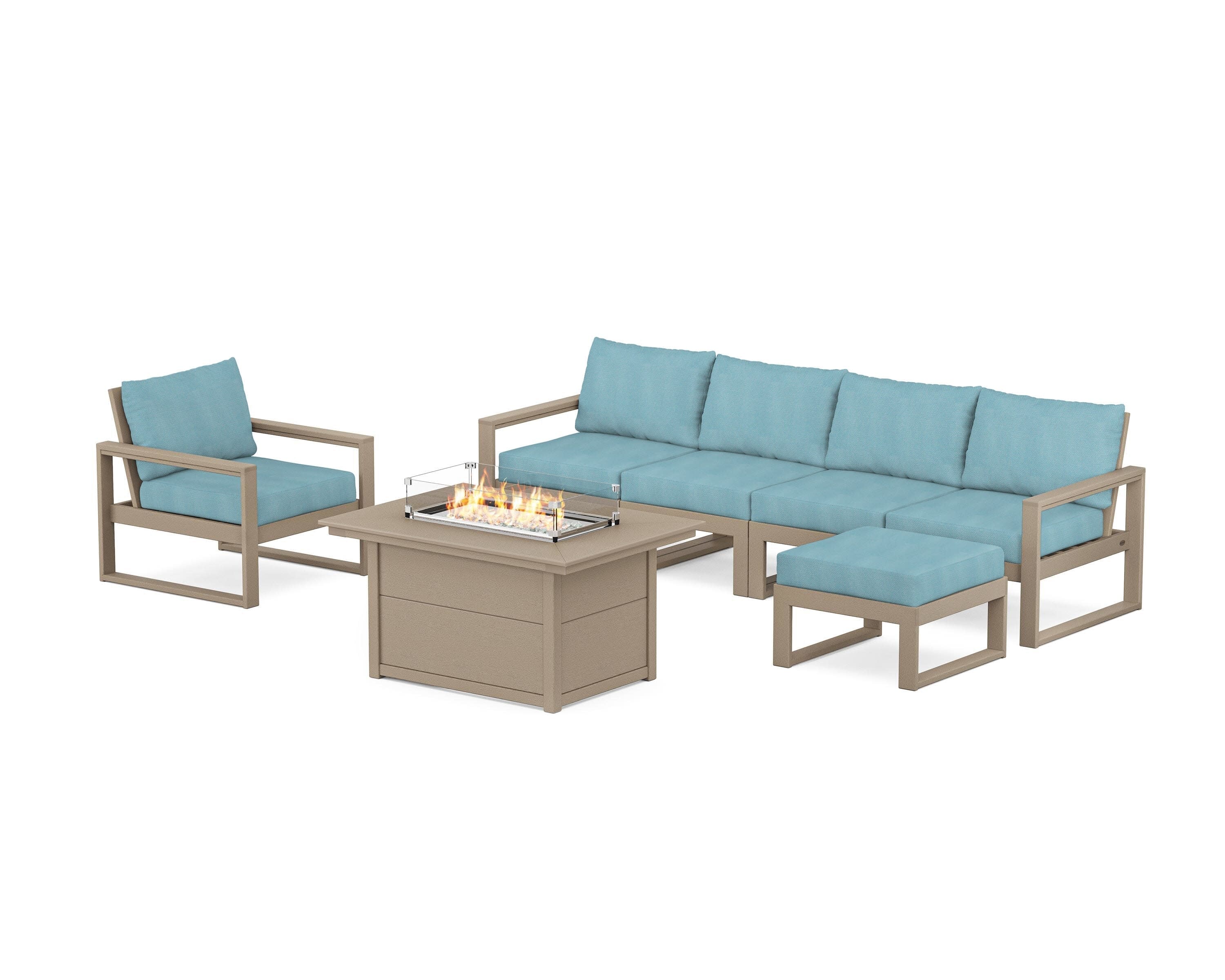 EDGE Sectional Lounge and Fire Pit Set in Vintage Sahara / Lattice Sky Blue
