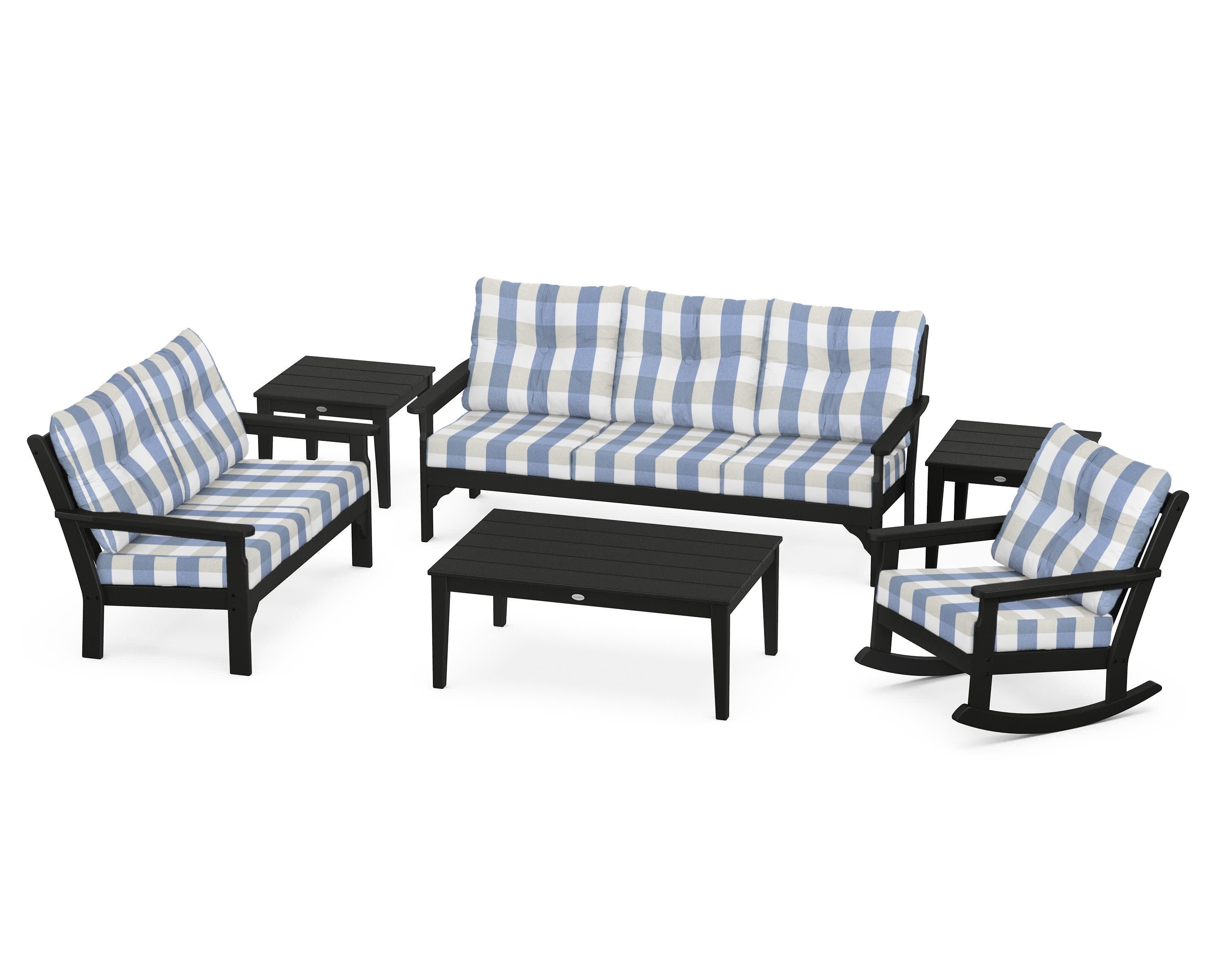Vineyard 6-Piece Deep Seating Set in Black / Buffalo Plaid Sky Blue
