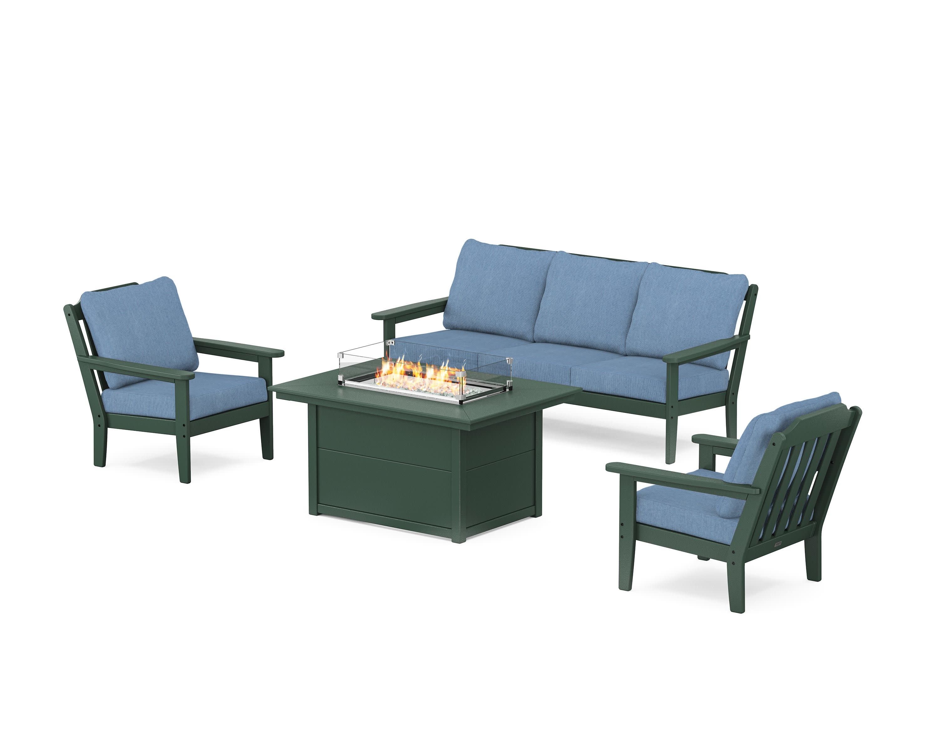 Cottage Deep Seating Fire Pit Table Set in Green / Sky Blue