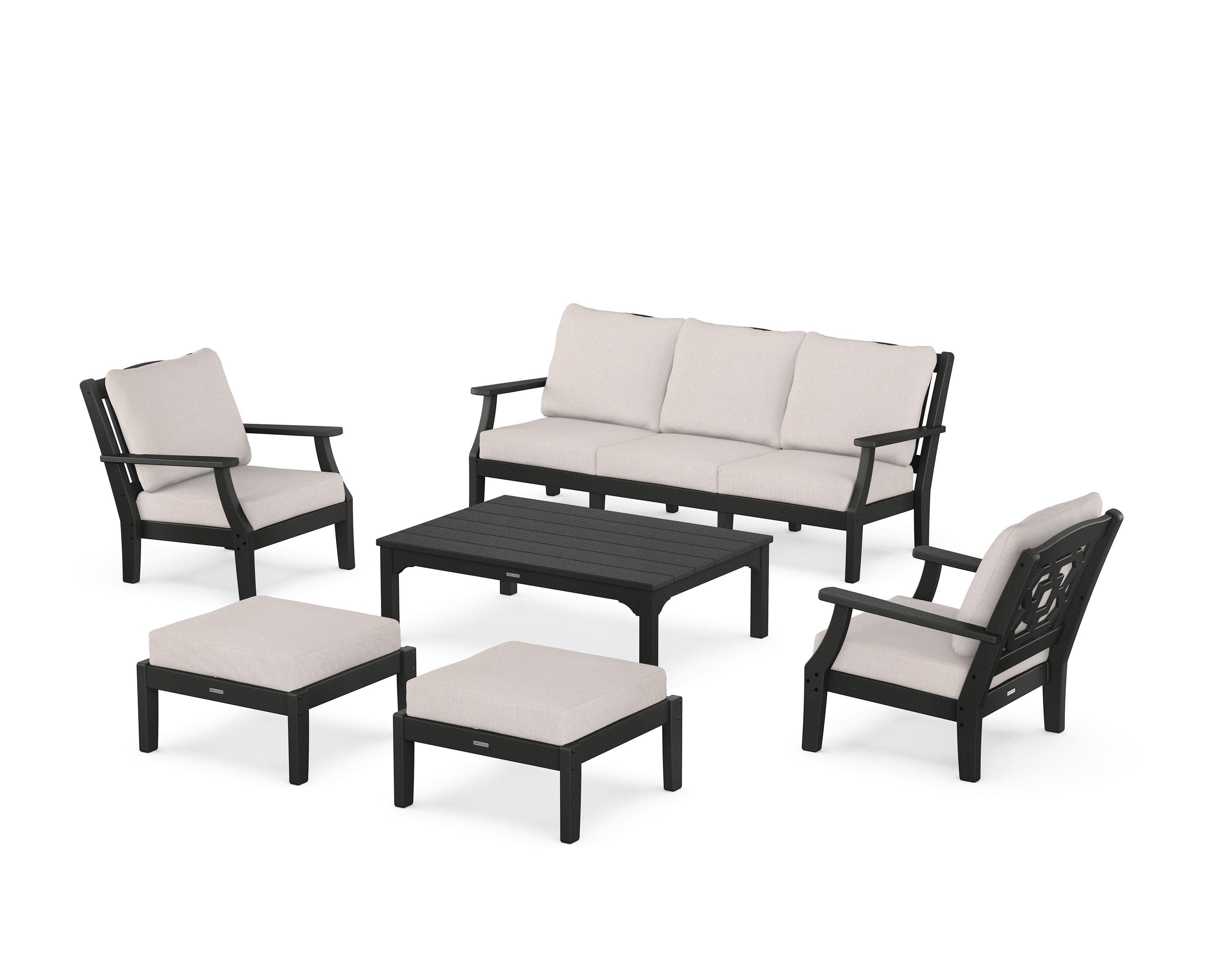 Chinoiserie 6-Piece Lounge Sofa Set in Black / Dune Burlap