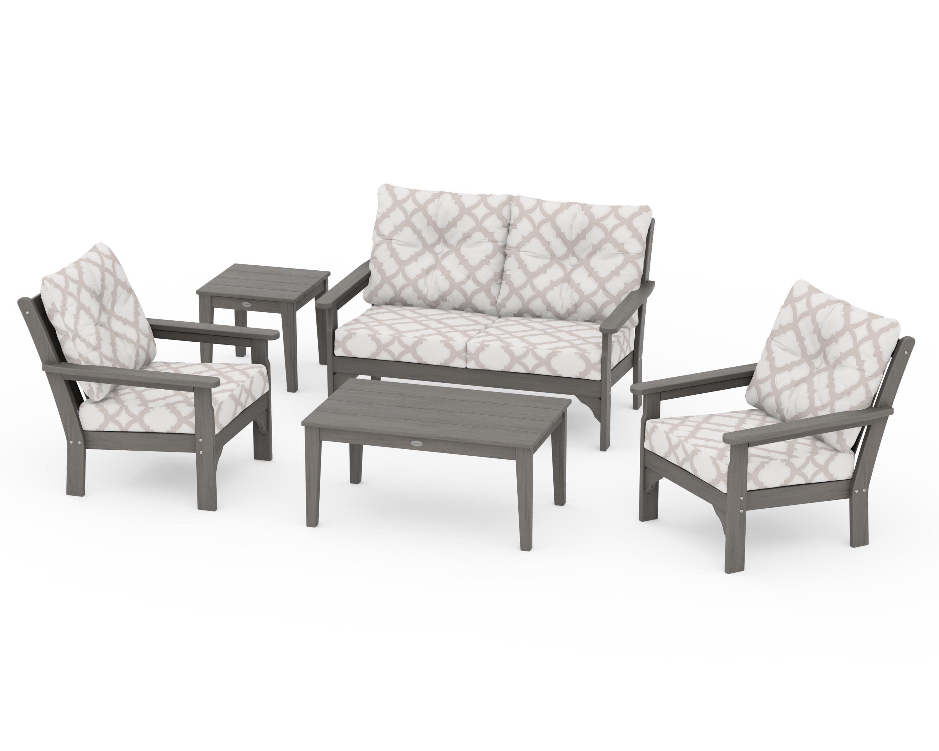 Vineyard 5-Piece Deep Seating Set in Driftwood / Trellis Dune Burlap