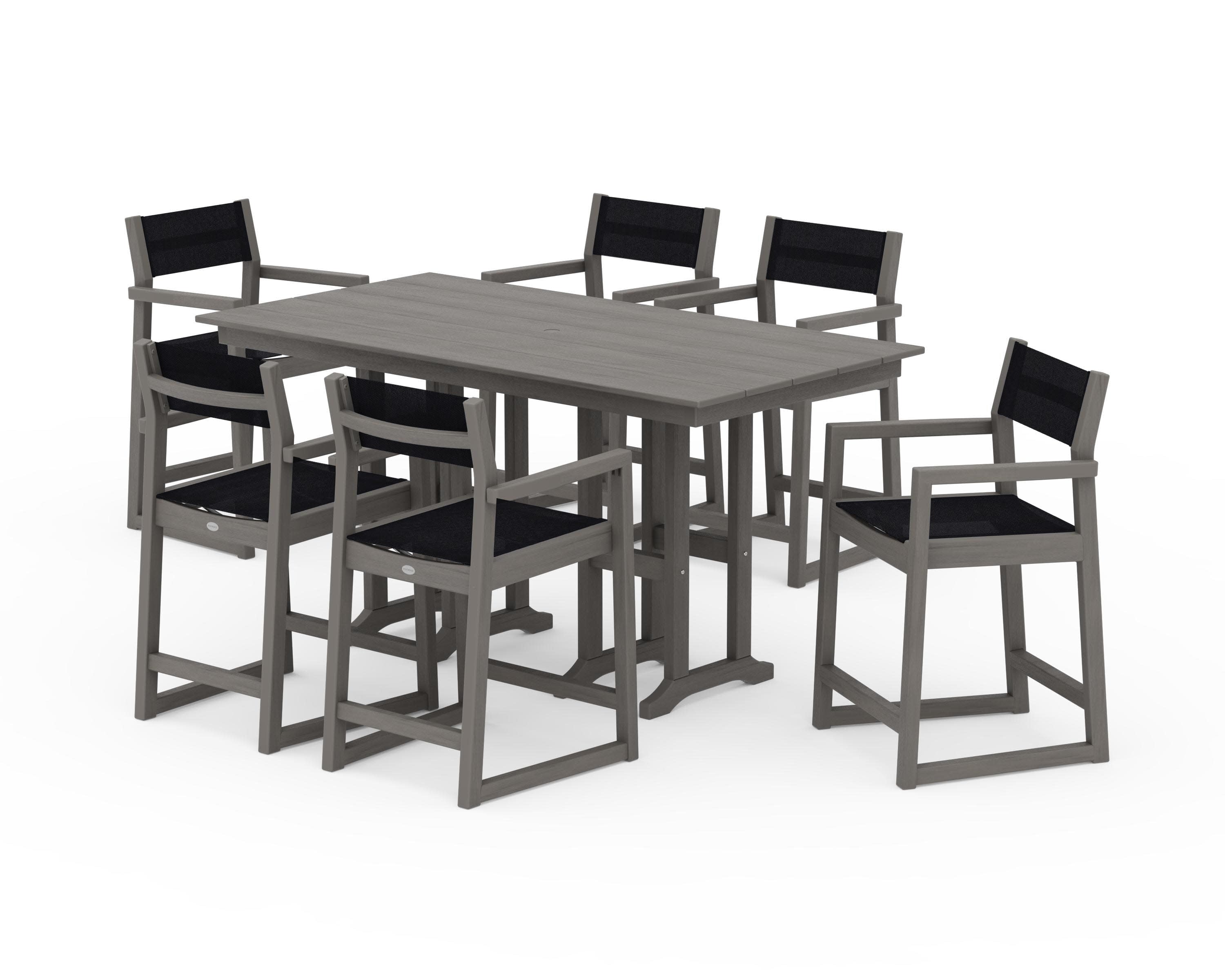 EDGE Sling Arm Chair 7-Piece Farmhouse Counter Set in Driftwood / Black Sling